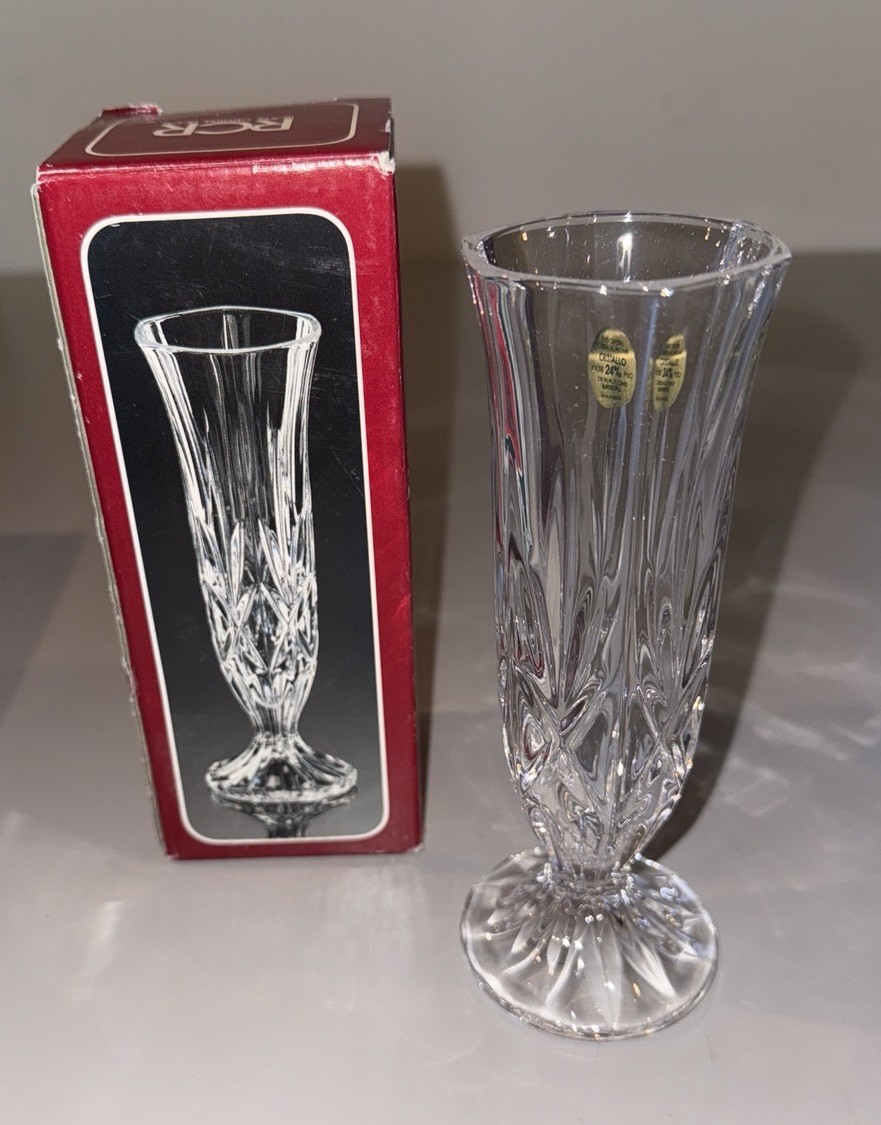 Lot of 3 RCR ROYAL CRYSTAL ROCK Lead CYRSTAL VASE Clear Cut Glass Linea G BOXED