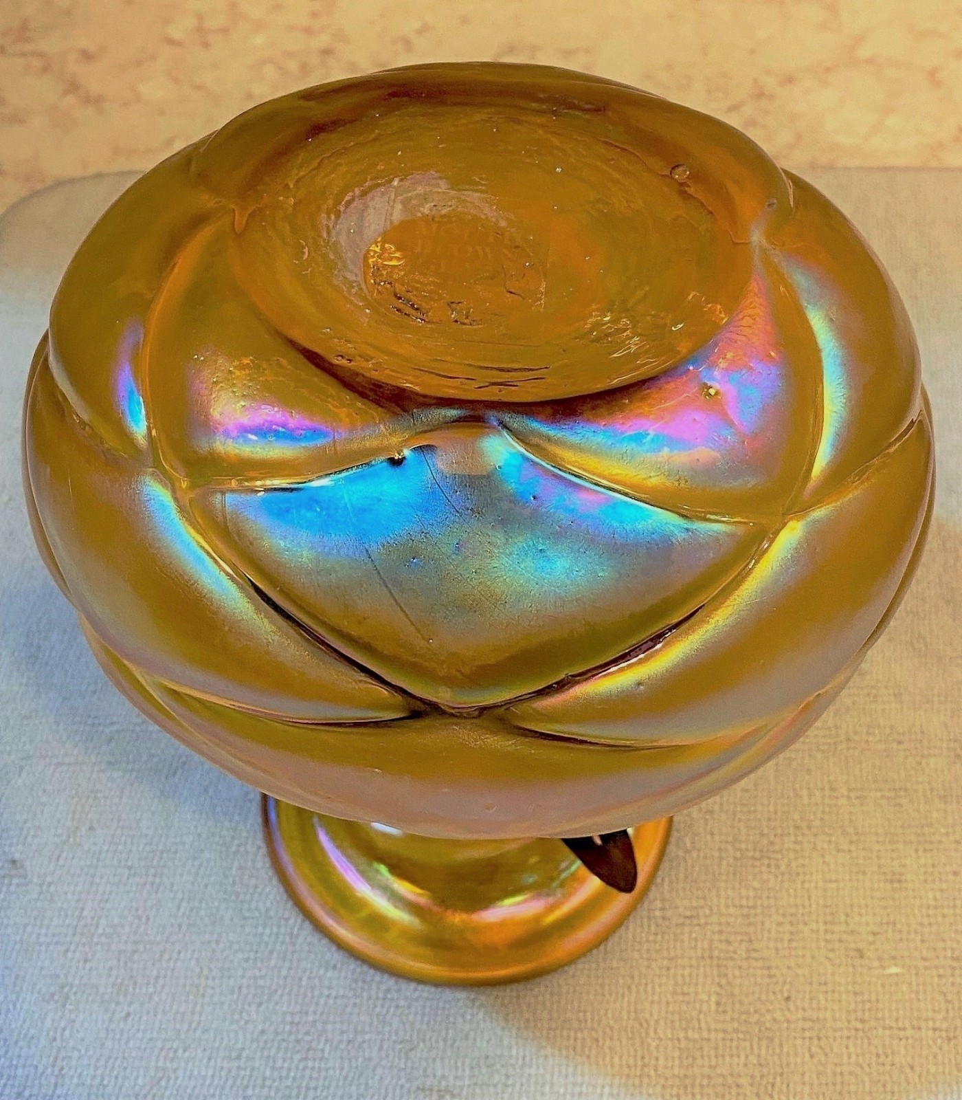 Silvestri Mouth Blown Iridescent Glass Vase Copper Cuff Brutalist Italian 7″
