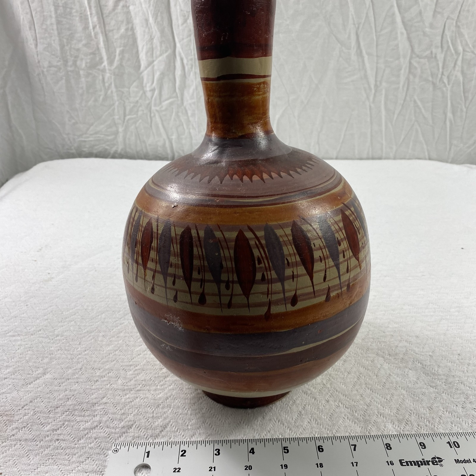 Vintage Art Pottery Vase Hand Painted Abstract Leaf Drip Boho 12″ Tall Decor