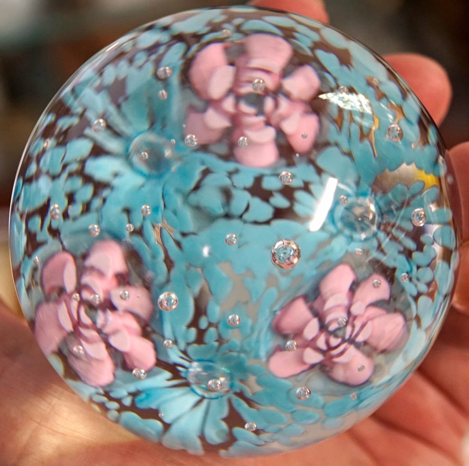 Vintage Flower Explosion Art Glass Paperweight Frit of Blue Pink Flowers Bubbles