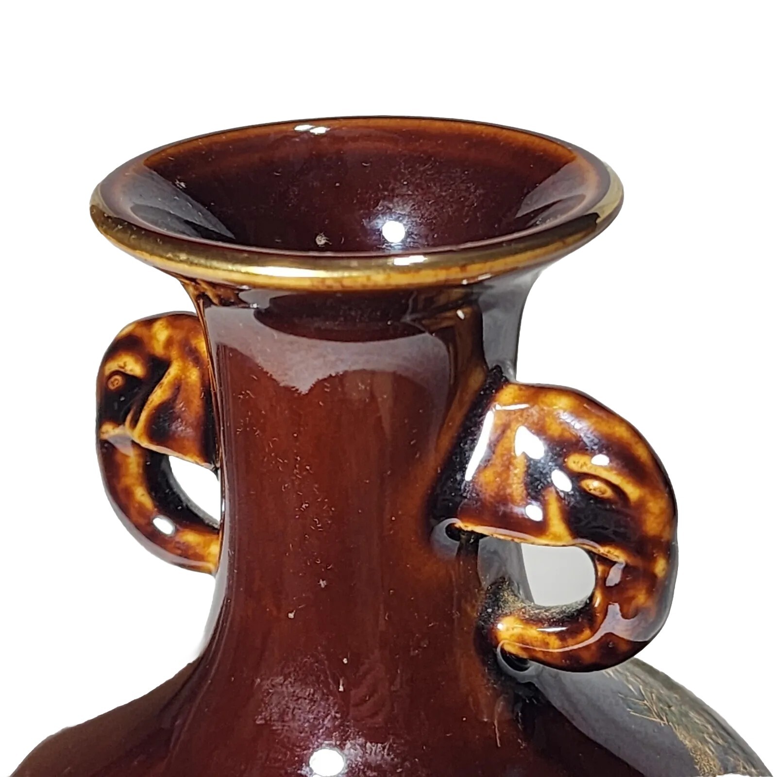 Vintage Elephant Elephants Handles Vase Pitcher Brown Ethnic Artist OMC Japan