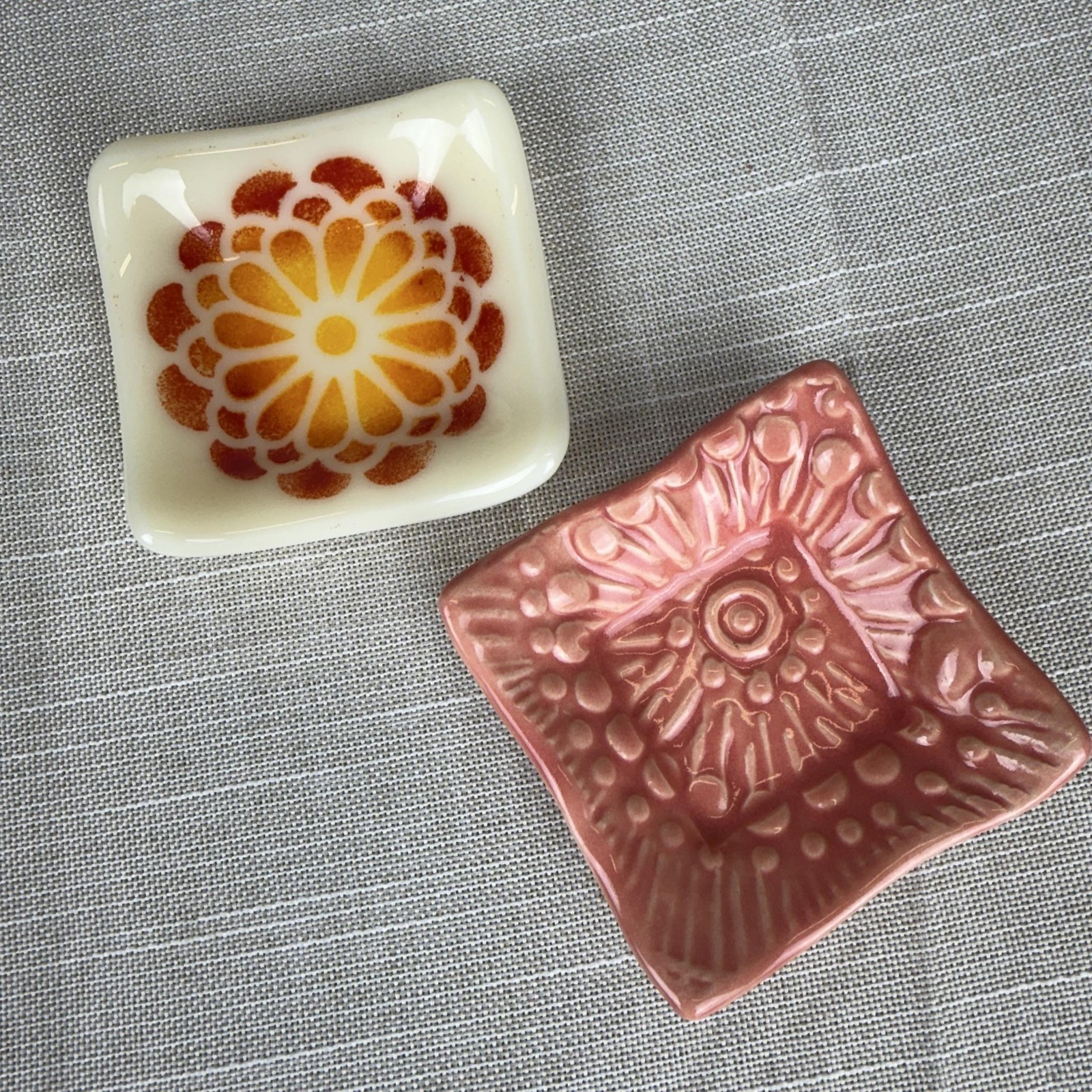 Vintage Unmarked Multicolor Ceramic Glass Ashtray Dishes Set 2 Square Decor