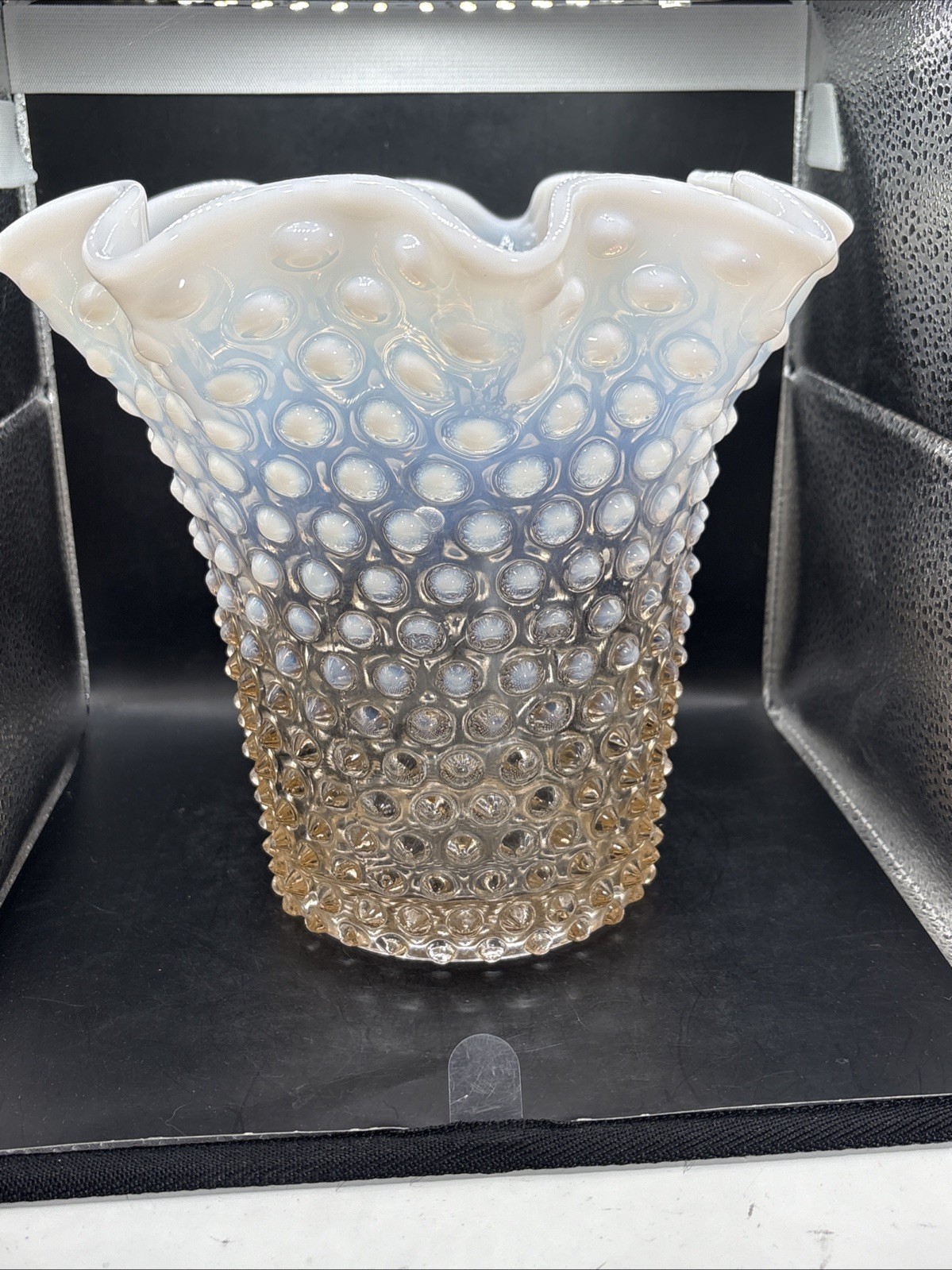 DUNCAN MILLER RUFFLED HOBNAIL Opalescent Peach White Ombré Vase 7.5”