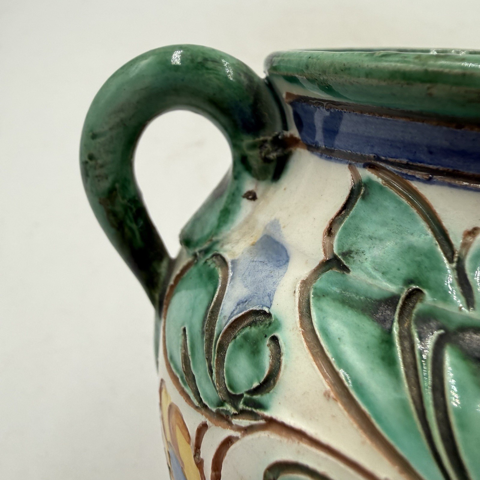 Vintage Double Handle Ceramic Vase Handpainted Italian Vanro Art Pottery Floral