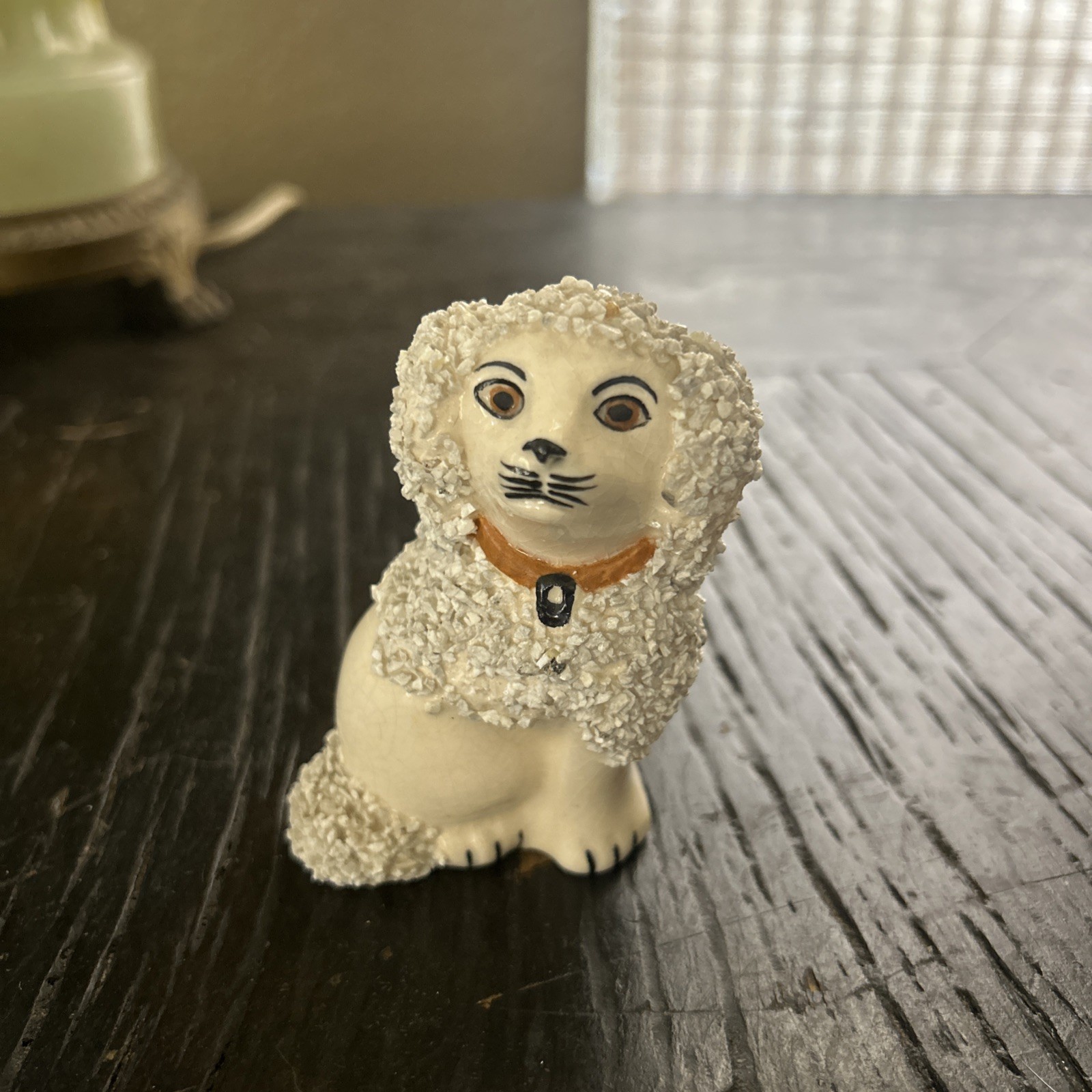 Antique Porcelain Staffordshire Poodle Confetti Dog Figurine 2.5” Brown Eyes