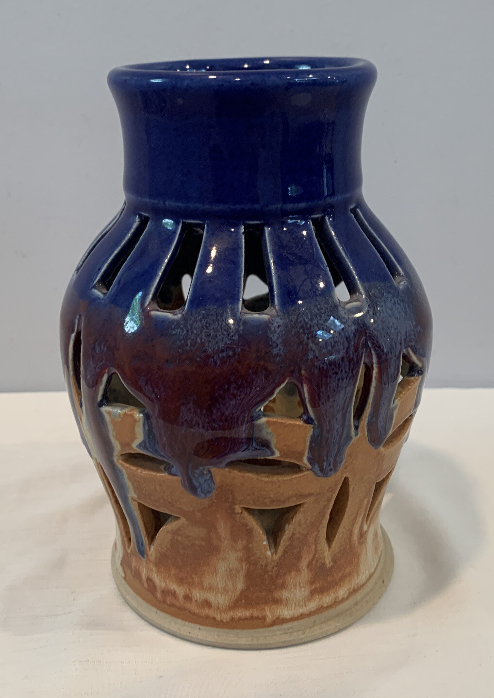 VTG Pierced Art Pottery Votive Holder Cobalt Blue & Brown Glaze Signed And Dated