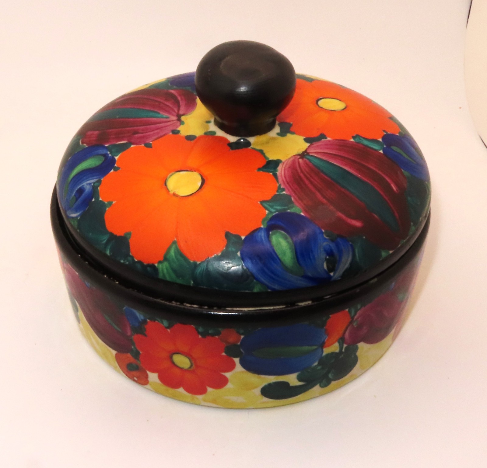 Vtg J. Mrazek Peasant Art Pottery Covered Bowl Czechoslovakia C Pattern c.1933