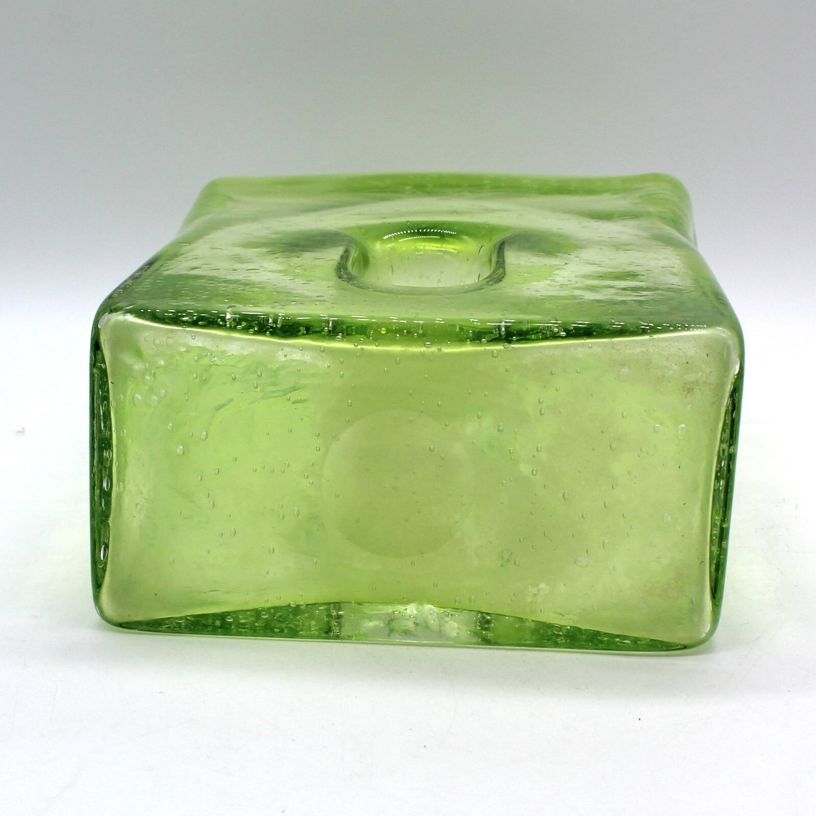 Vintage 1970s Hand Blown Green Art Glass Vase Bubbles Pulegoso Hole Thick