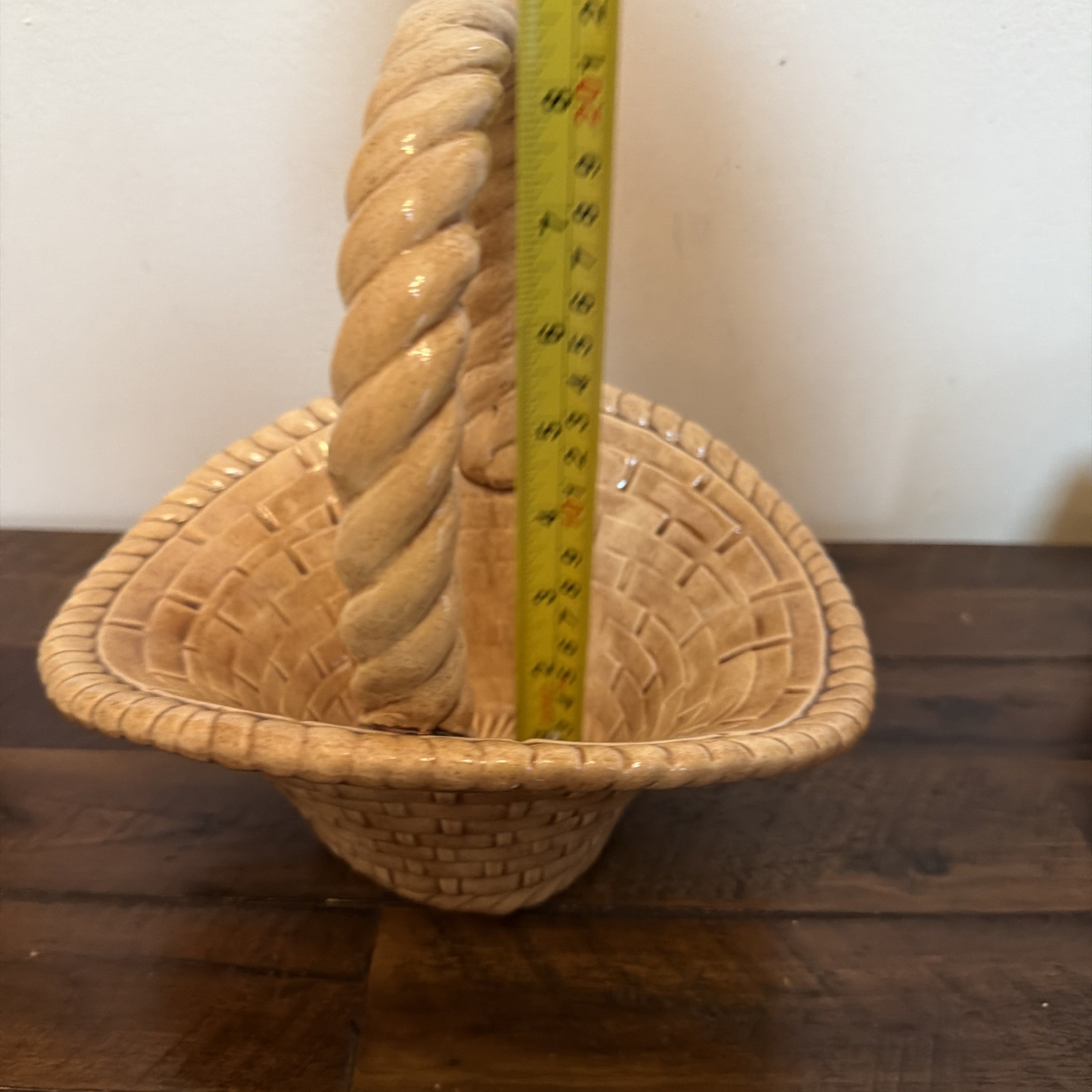Vintage Handmade Ceramic Brown WOVEN BASKET WITH HANDLE. Signed EB