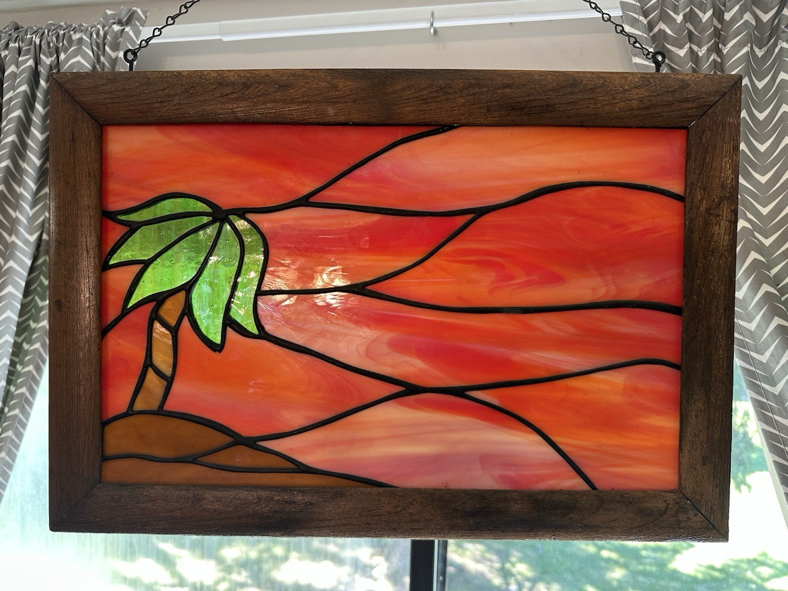 VTG Stained Glass Sunrise Sunset Sun Stained Glass Suncatcher Orange Palm Tree