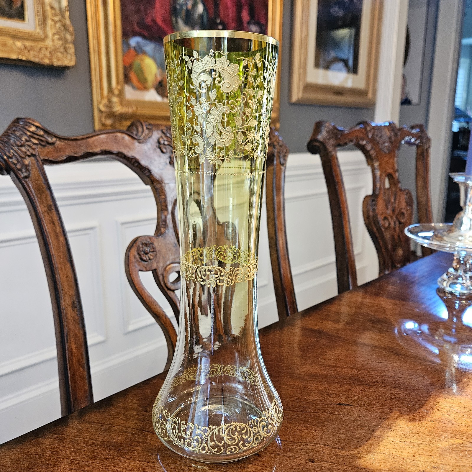 Moser Chartreuse To Clear Gold Enameled Jeweled Vase Flared Base