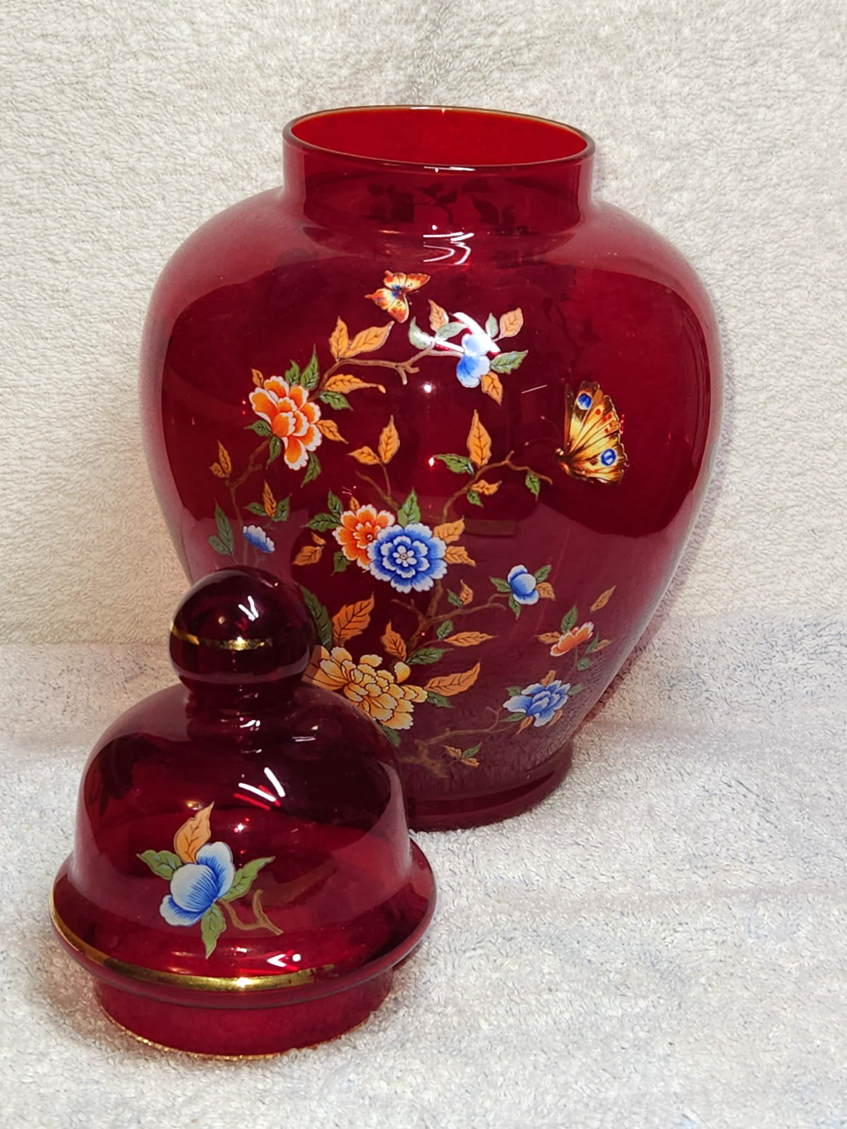 Vintage Norleans Ruby Red Glass Ginger Jar Flower Butterflies 11″ Tall
