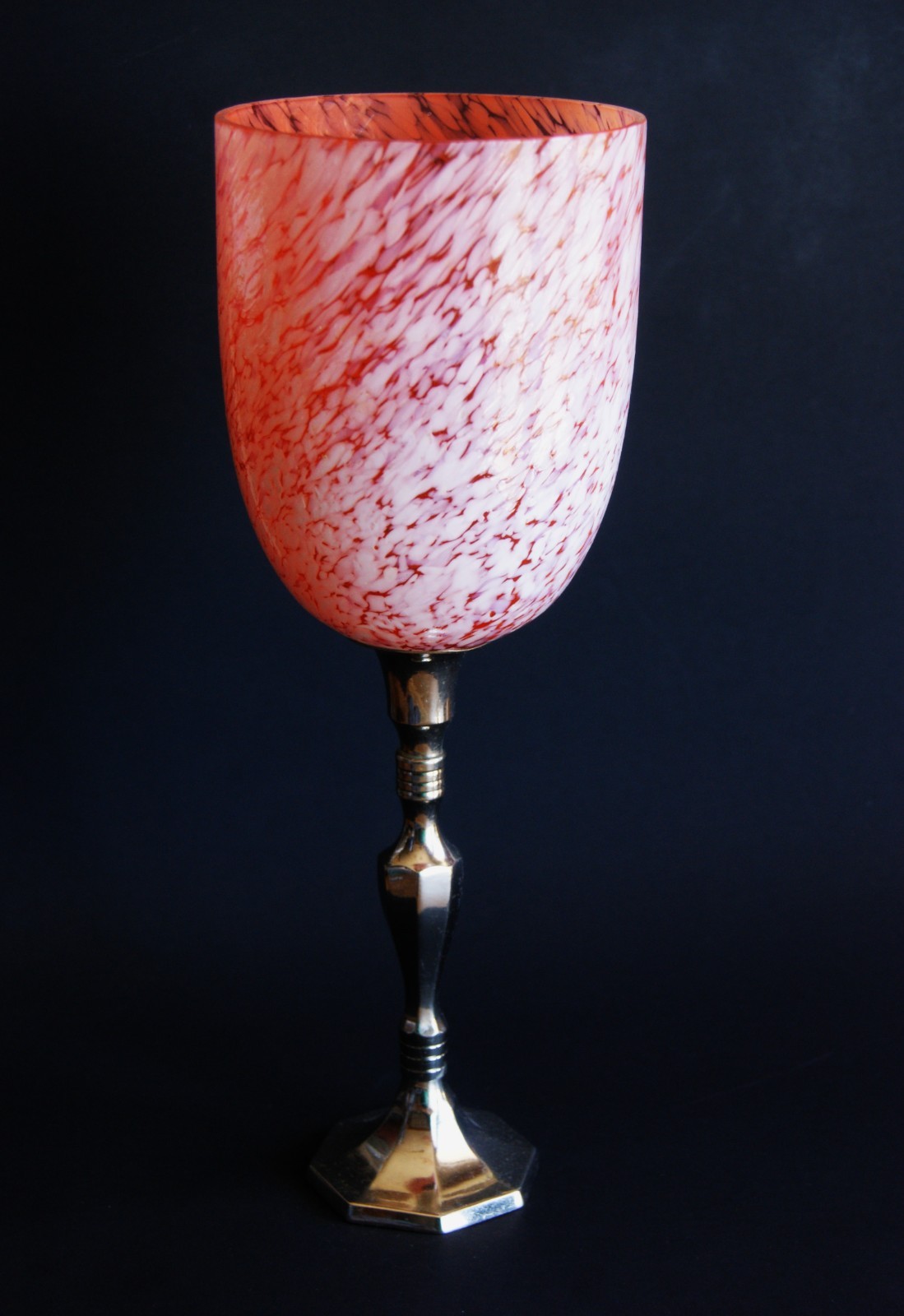 Vintage Art Glass Chalice Vase with Chrome Handle Peach with White 13″