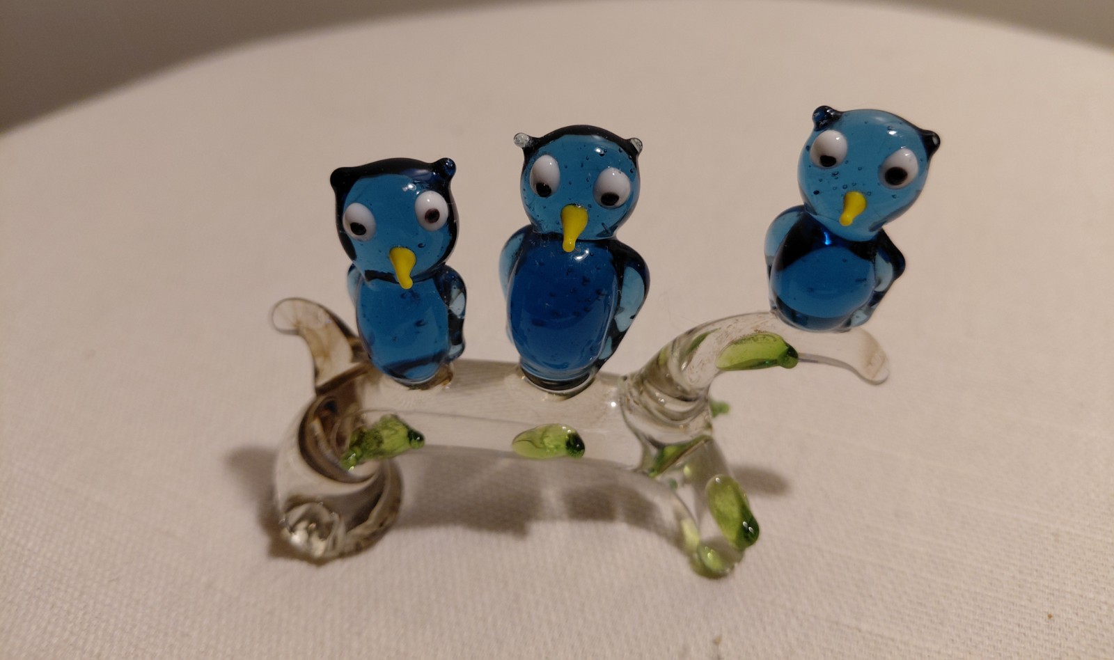 Vtg Hand Blown Art Glass Owls Perched On A Branch Blue Flamework