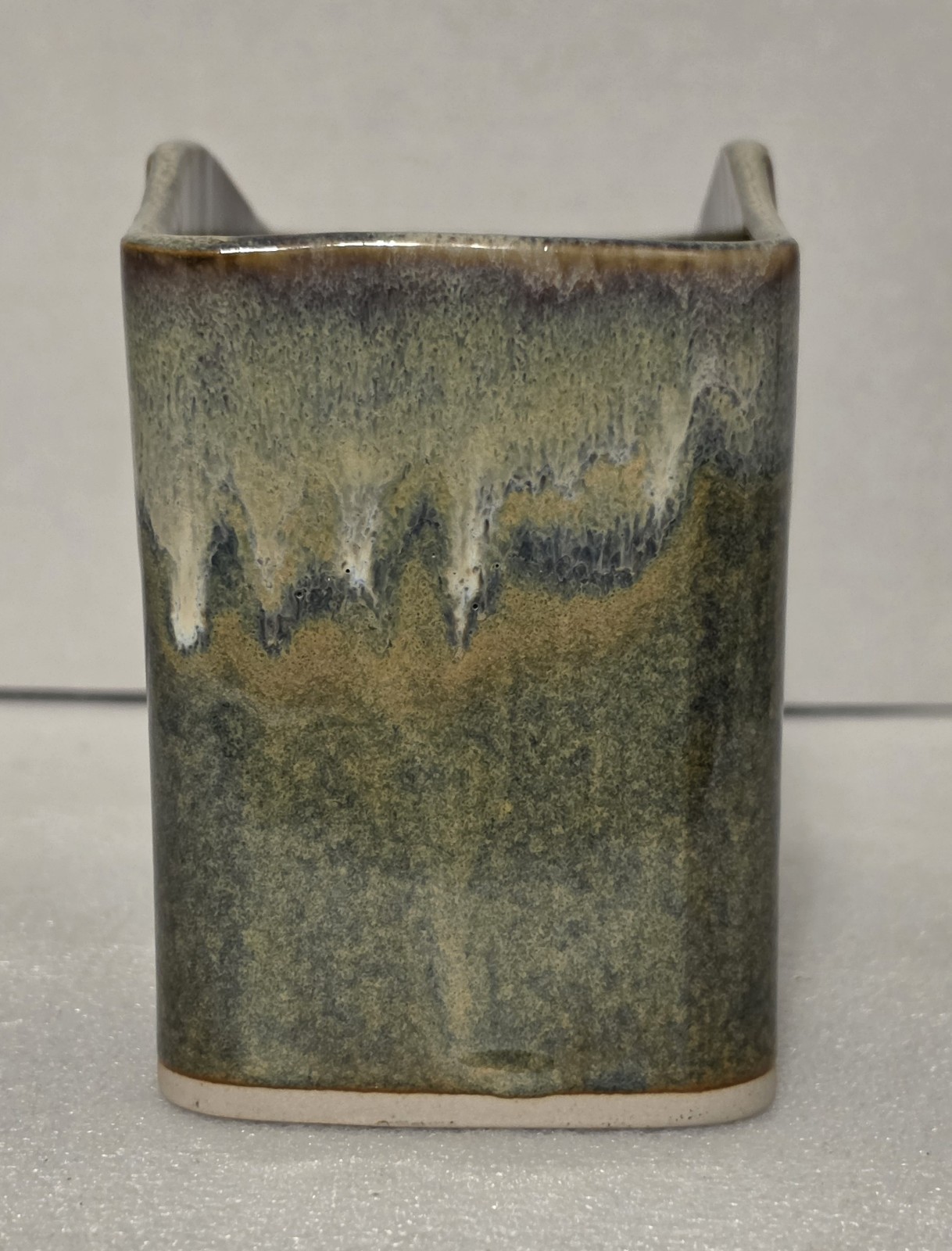 Vintage Bay Pottery Studio Art Vessel Vase Wavy Cache Pot Green Brown Drip 6.25″