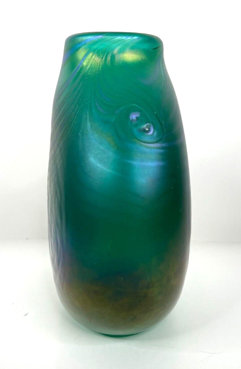 VTG Hand Blown Art Glass Vase Signed Jim Bush Green Blue Swirled 6.5″ Tall 1996