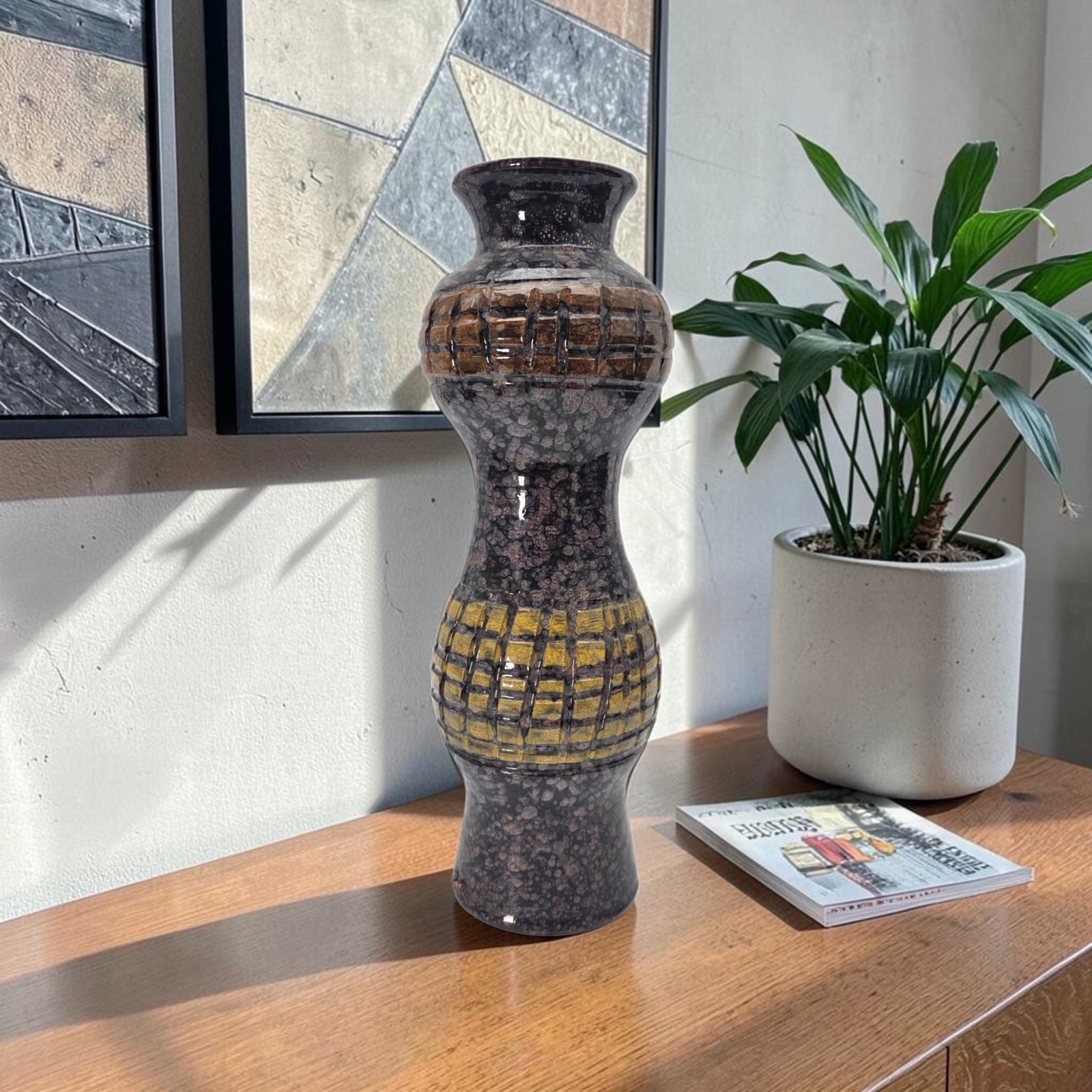 VTG MCM Italian Studio Pottery Volcanic Fat Lava Glaze Brutalist Vase 14″ Signed