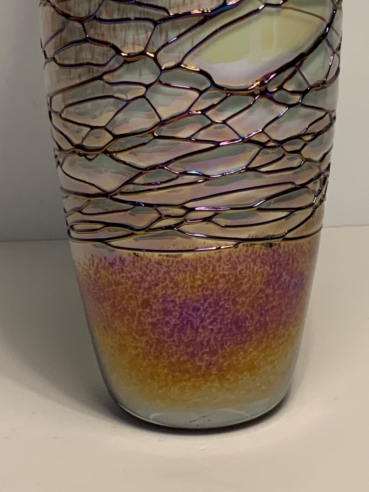 Vintage Pink & White Iridescent Cased Glass Vase 15.75 in.