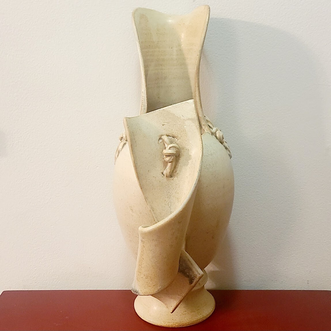 Large Footed Pottery Ewer / Pitcher / Vase – Curled Handle / Mock Leather Ties