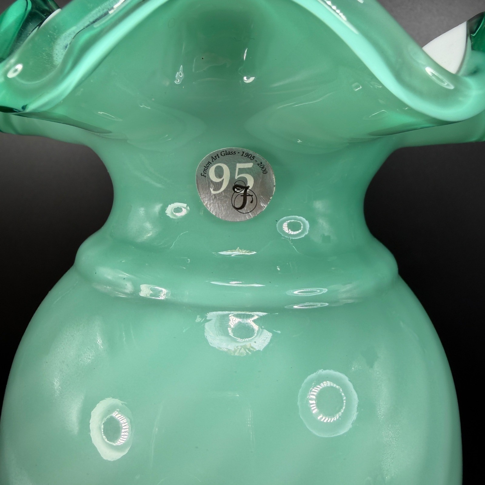 Fenton Seafoam Green Opalescent Swirl Ruffled Vase 95th Anniversary 10.5inch
