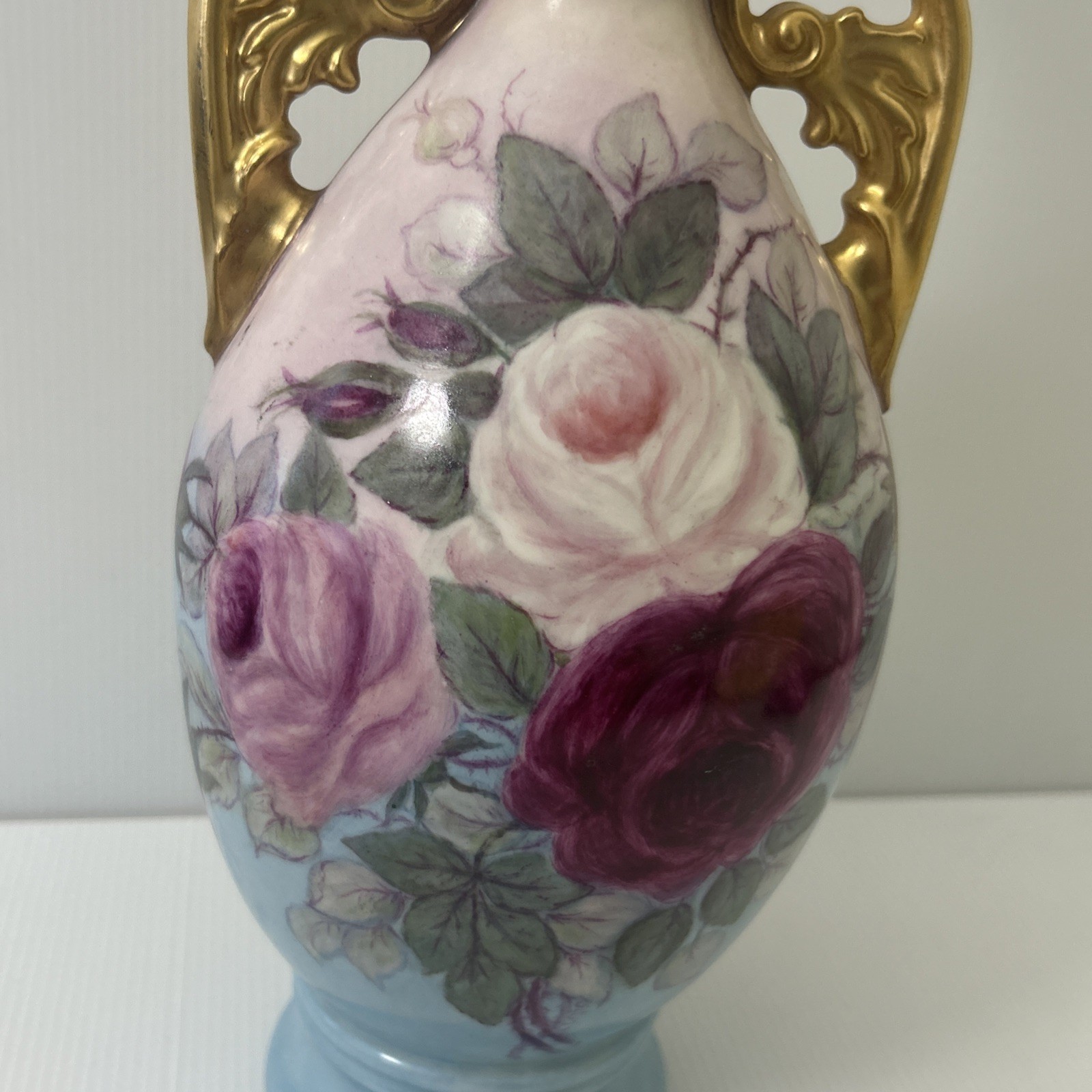 Vintage Nippon Hand Painted Porcelain Vase Gilded Gold Double Handles Pink Roses