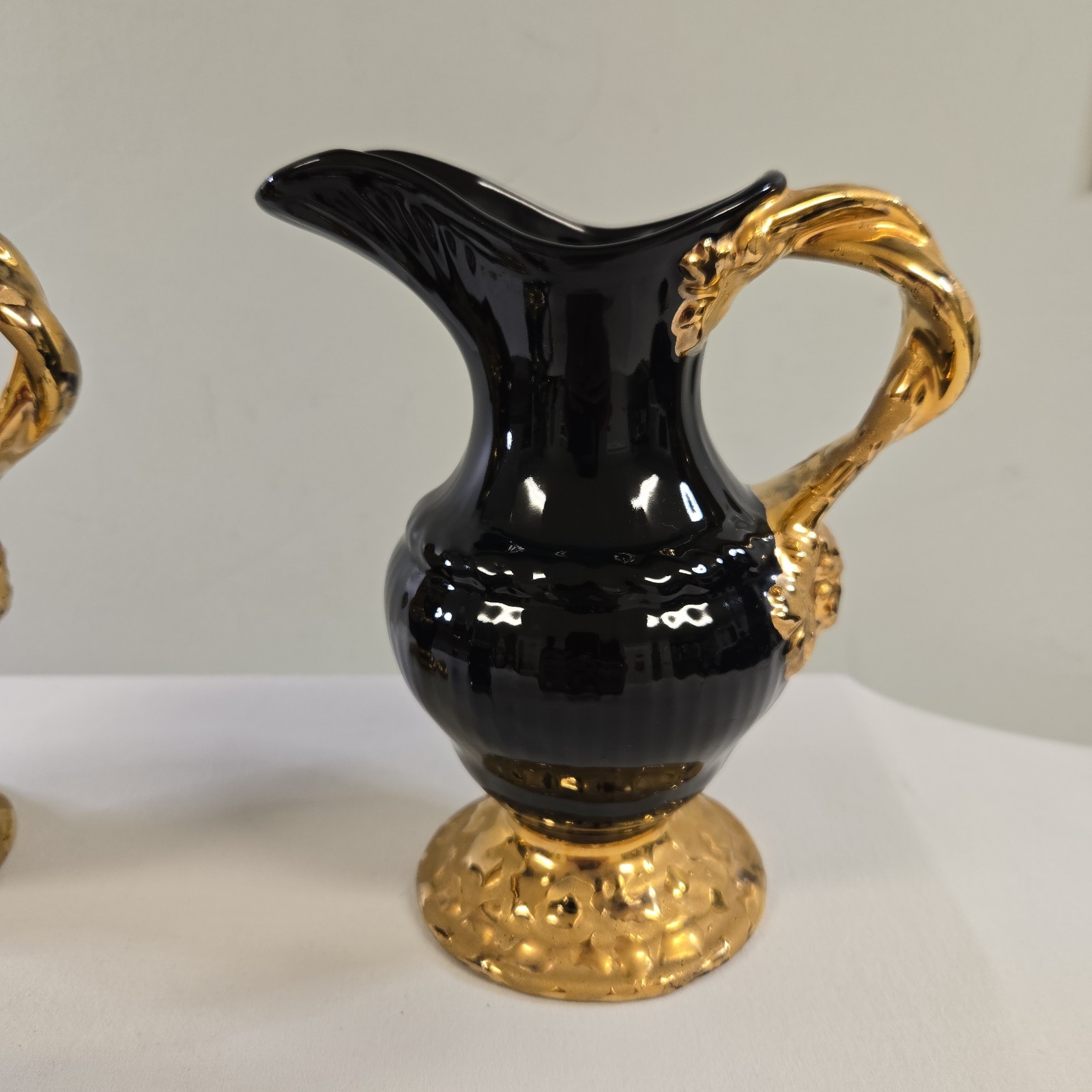 Weeping Gold And Glazed Black Pitcher Set 24K Plated Hollywood Regency MCM