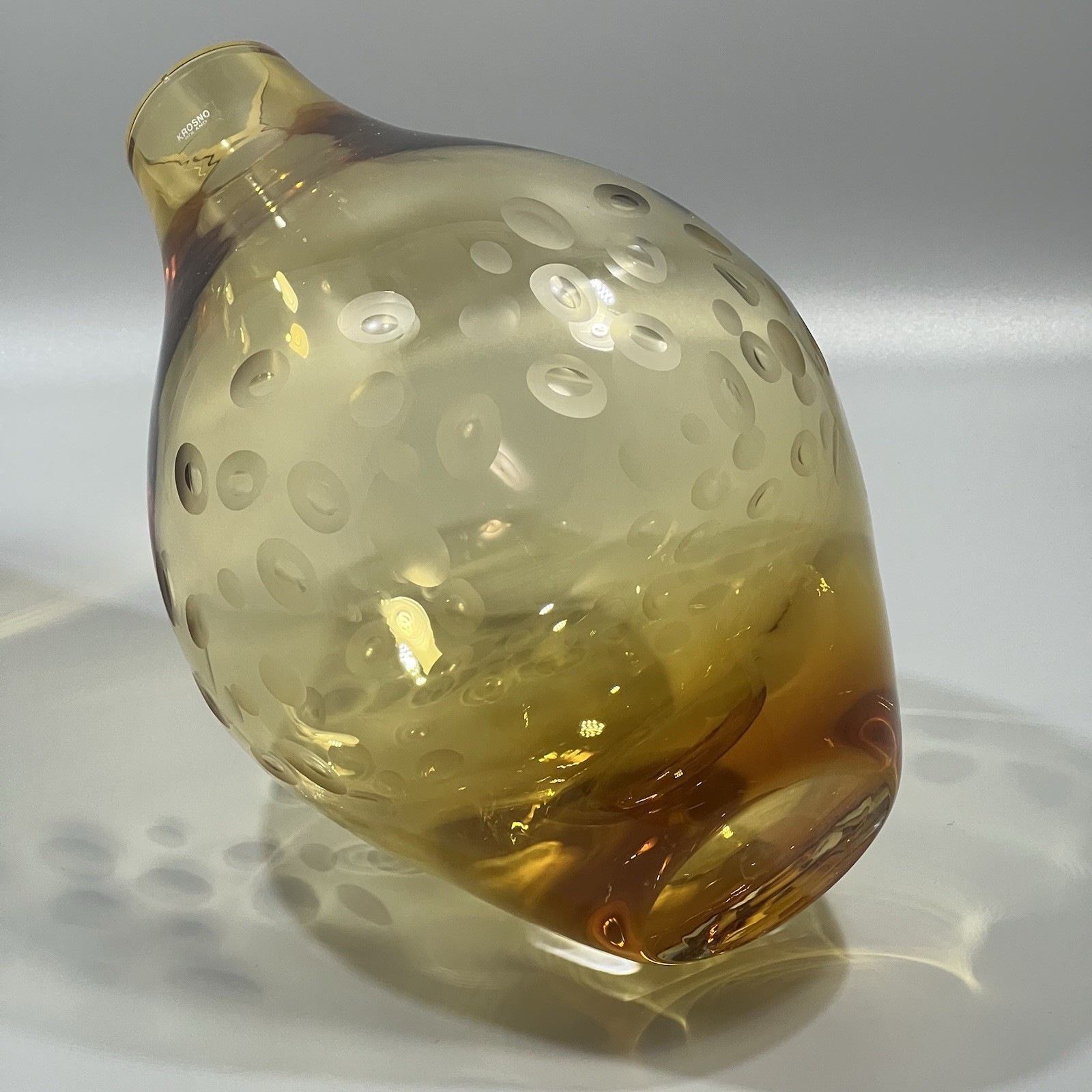 Amber Vase Crate and Barrel Krosno Poland Morocco Etched Design Heavy Glass 11″
