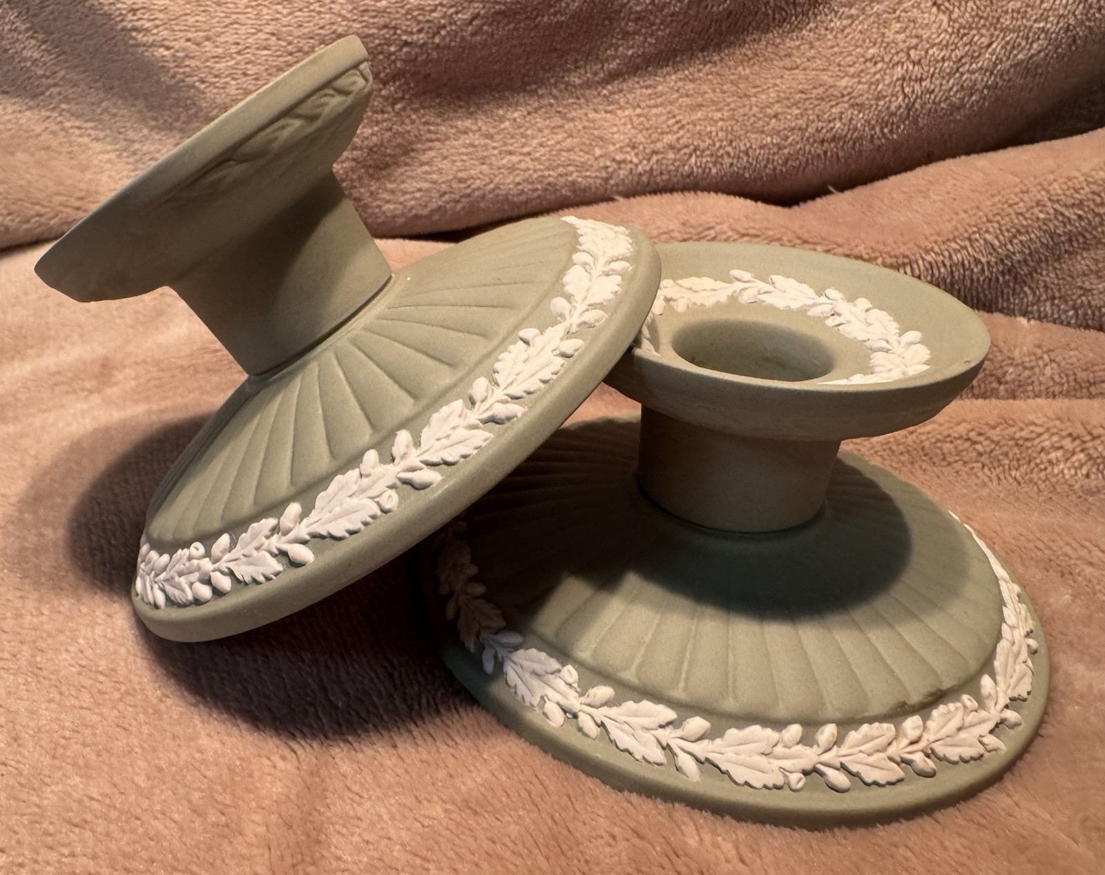 Vintage Wedgwood Sage Green Jasperware Classic Candle Holders 2 Traditional