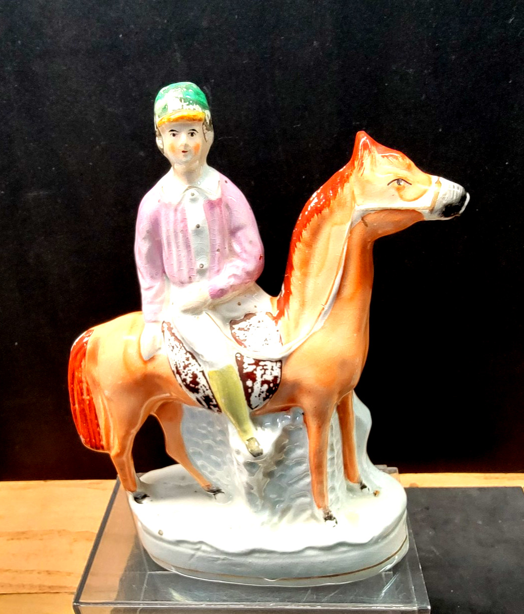 ANTIQUE STAFFORDSHIRE JOCKEY 7 X 10 IN. POLYCROMED. COLORFUL