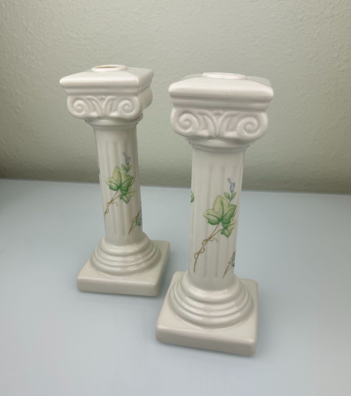 Belleek Classic Ivy Column Taper Candlesticks Ireland Ceramic Green Mark Home