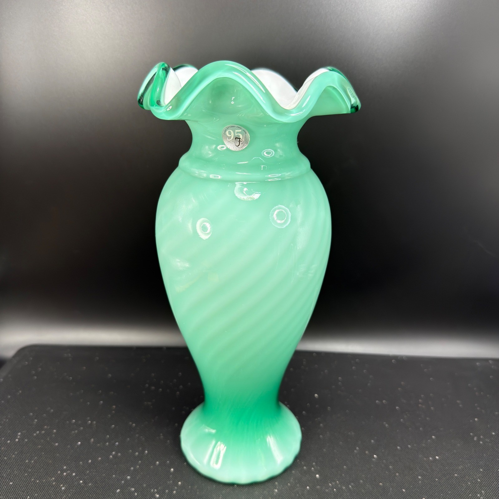 Fenton Seafoam Green Opalescent Swirl Ruffled Vase 95th Anniversary 10.5inch