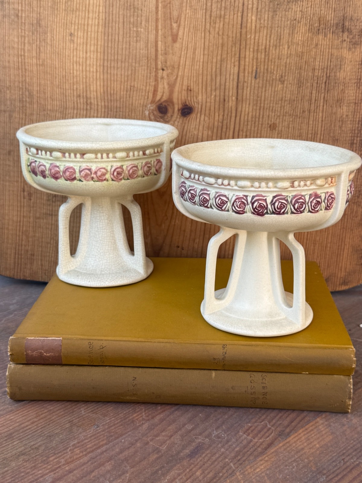Pair Antique Weller Roma Pottery Buttressed Planters Rose Garland Arts & Crafts