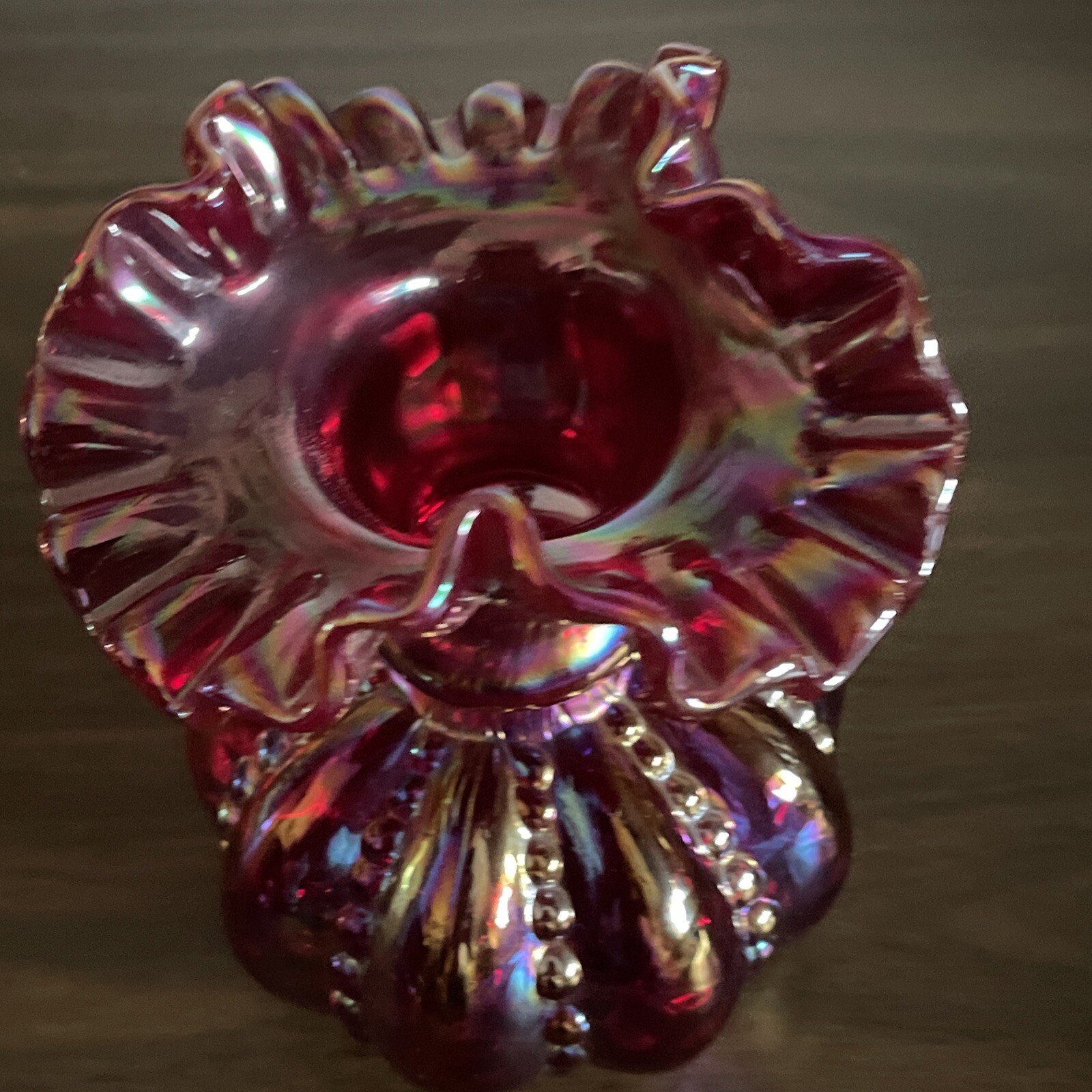 Vintage Fenton Red Carnival Glass Beaded Melon Vase 6″