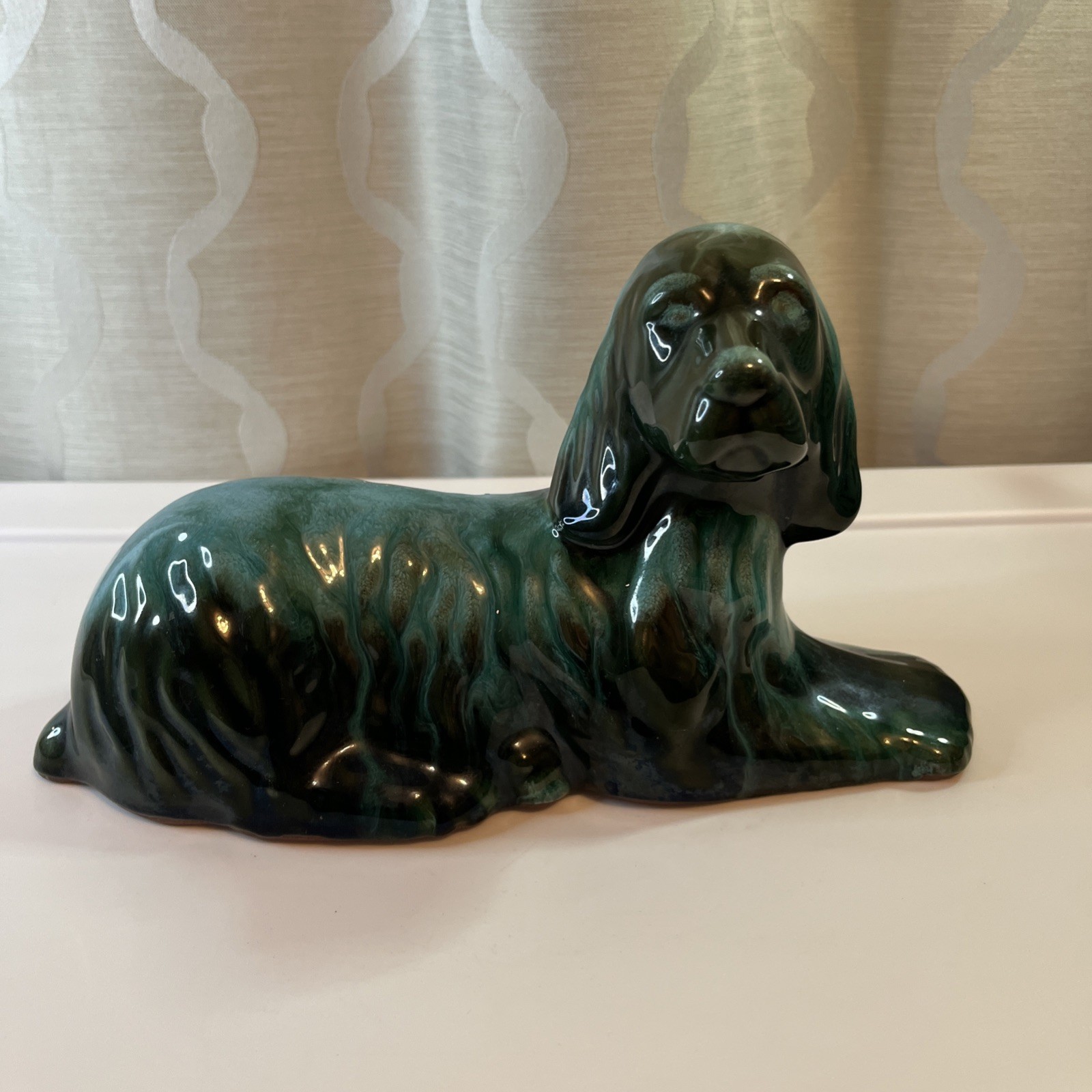 Vintage Blue Mountain Pottery Dog Spaniel Setter Green Drip Glaze