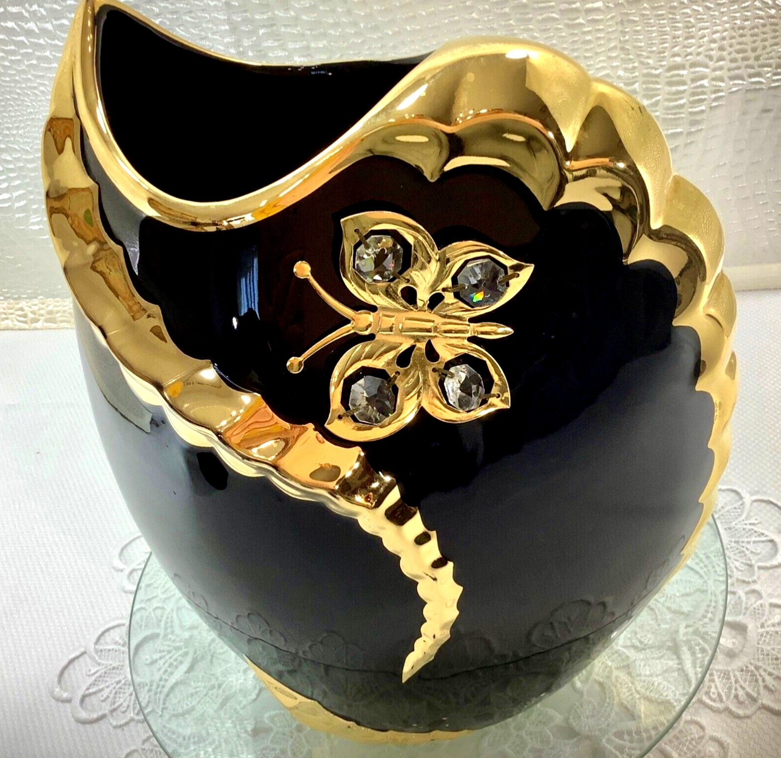 BC Creazioni Dipinto a Mano Signed 12” Black Gold Gilt Encrusted Vase Crystals