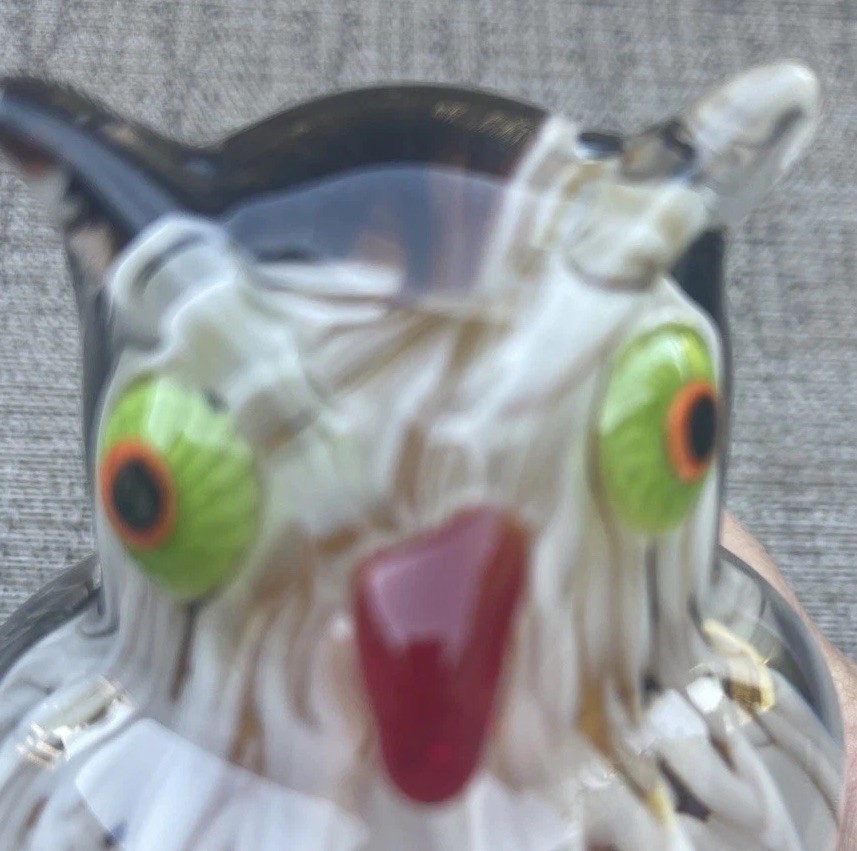 Owl Art Glass Paperweight Figurine 6” Tall White Green Red Brown