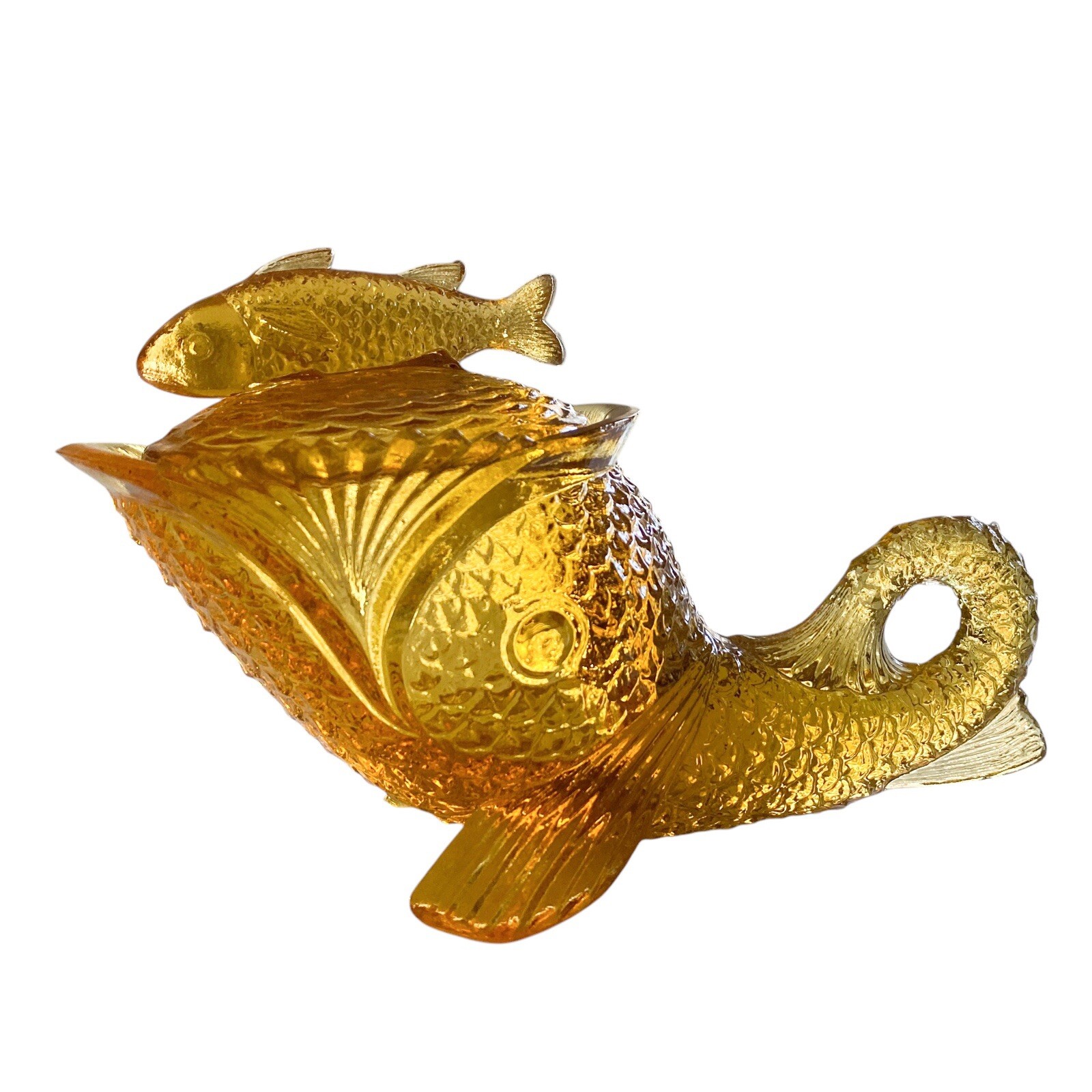 ANTIQUE AMBER YELLOW GREENTOWN GLASS SAWTOOTH DOLPHIN COVERED DISH FISH LID