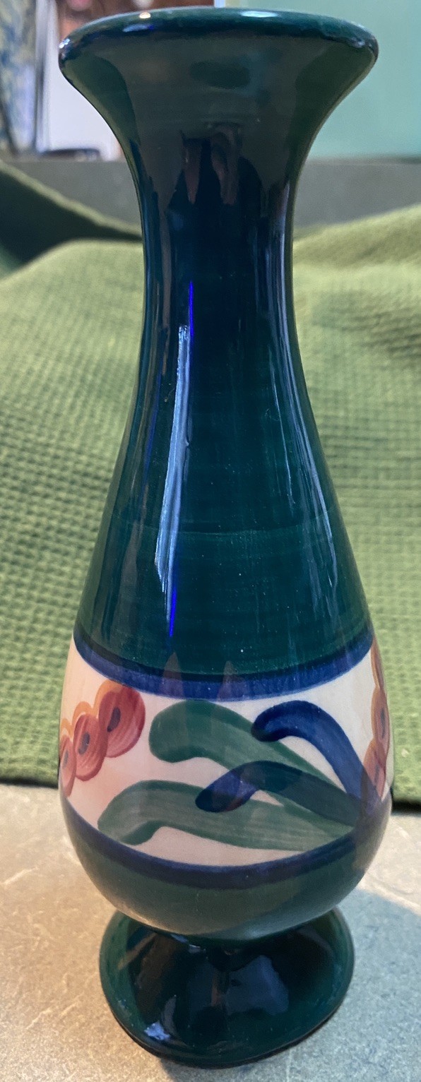 Gail Pittman Hand-Painted Pottery Blue Grapevine Vase 6.25” Tall 1988 Signed