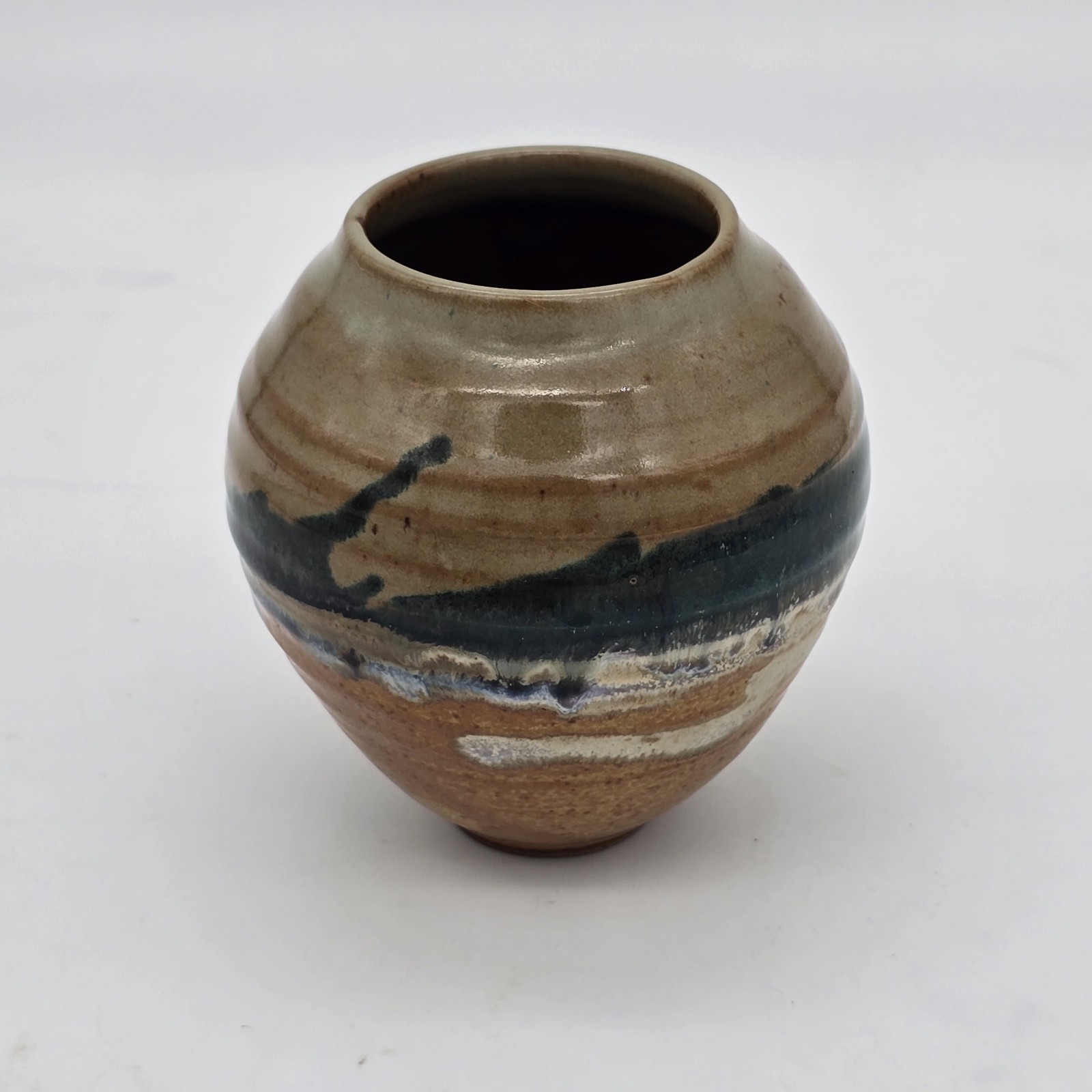 4″ Handcrafted Stoneware Vase Drip Glaze Green, Tan and Blue Signed