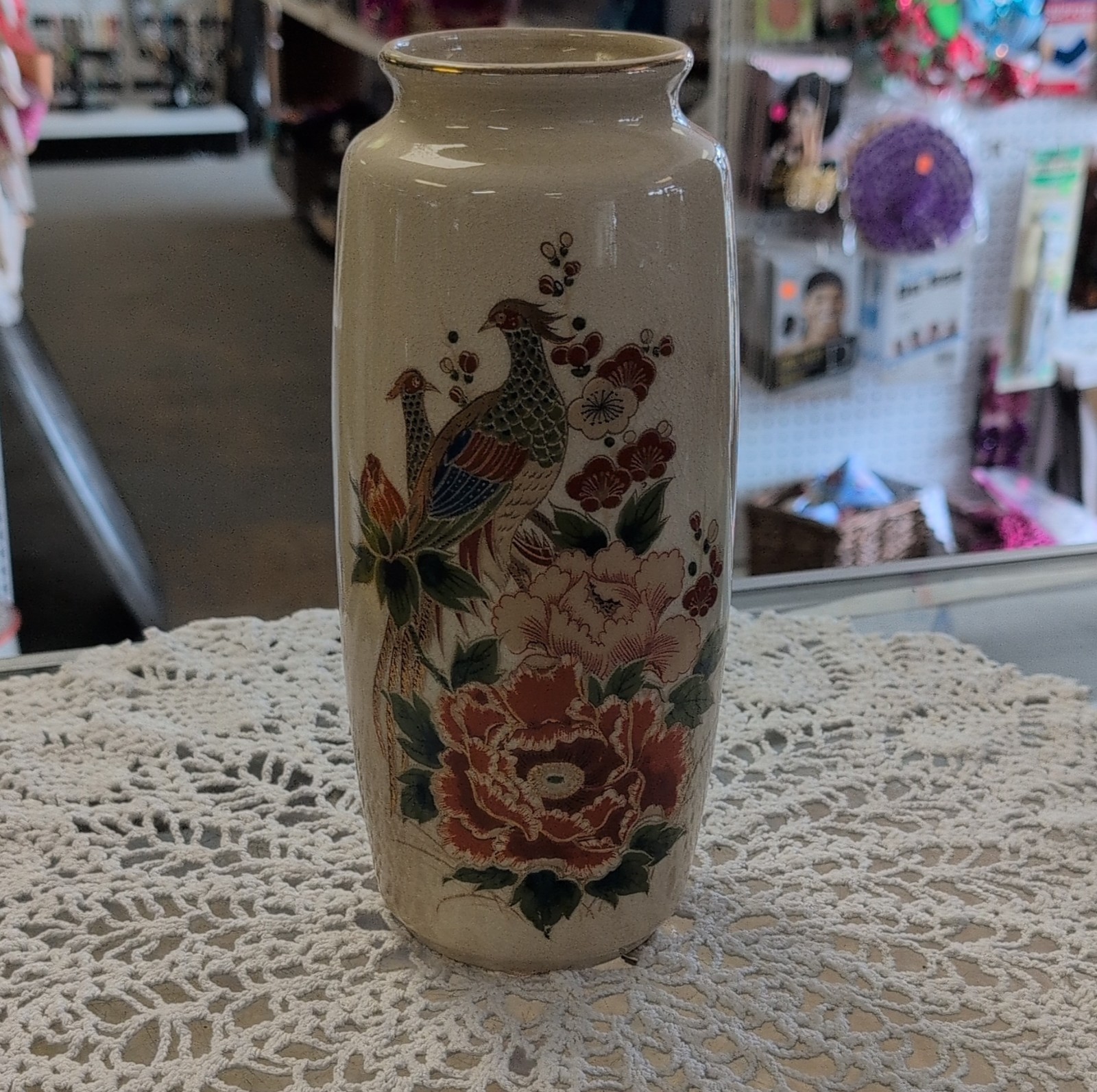Ceramic Vase Glossy Finish W/ Bird and Floral Design