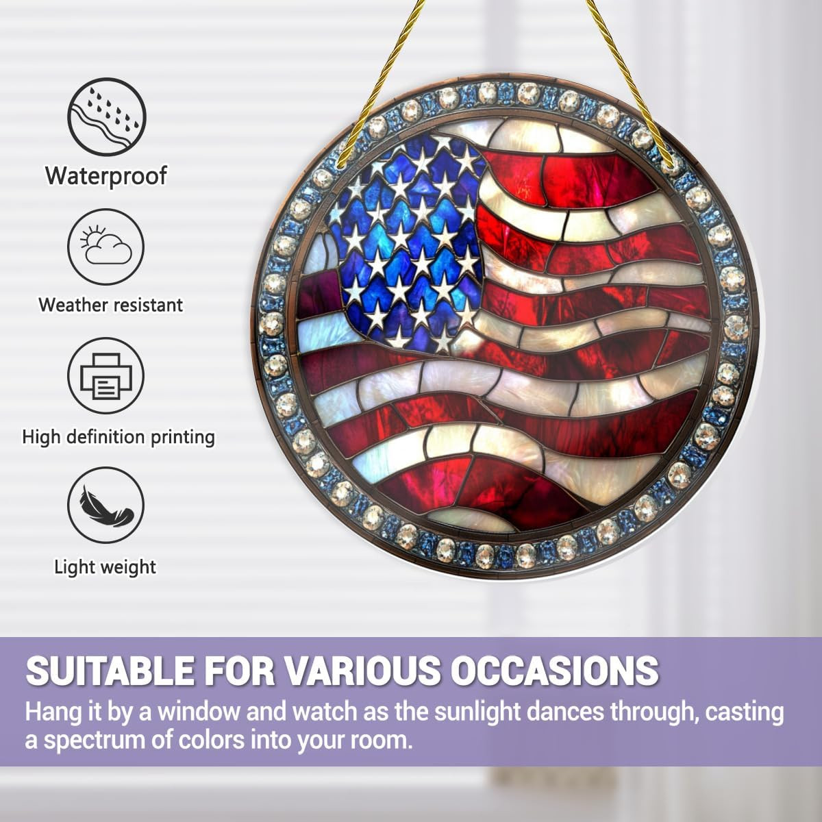 Stained Glass American Flag, Hand-Painted Star Motifs, Vintage Patriotic Wall Ar