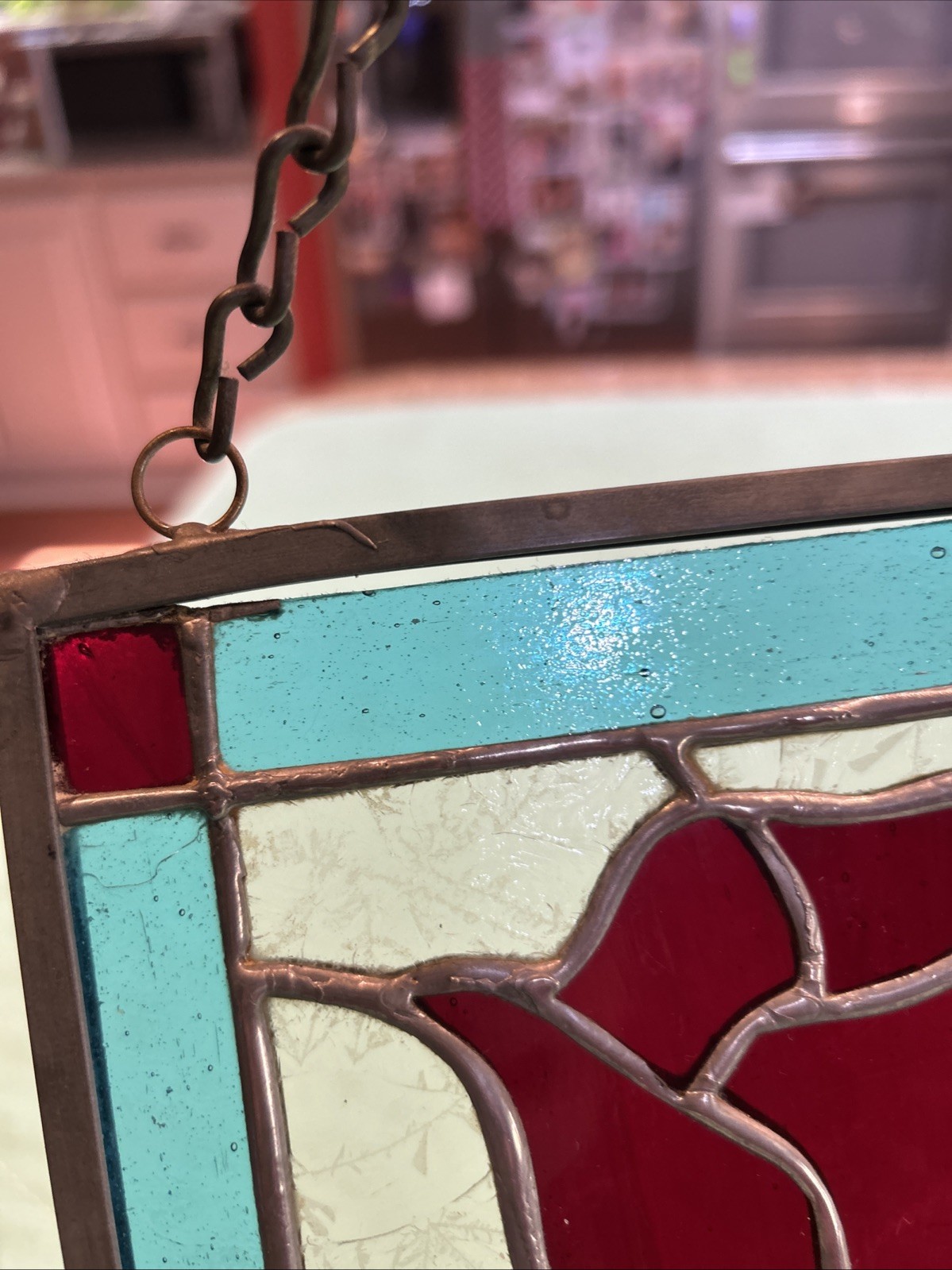 Vintage Red Rose w/ Blue & Textured Clear Stained Glass Window Hanging Chains