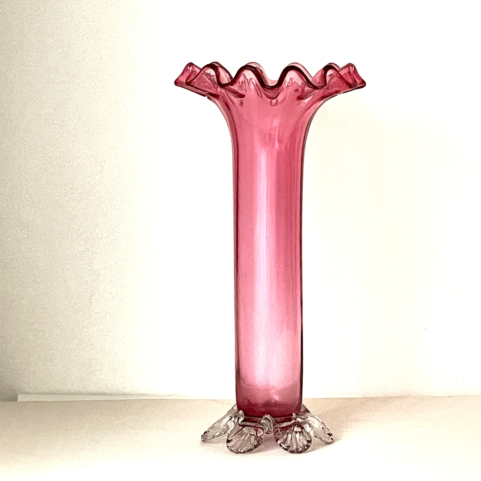 ANTIQUE CRANBERRY PINK TRUMPET VASE WITH RUFFLED RIM CLEAR APPLIED GLASS FEET