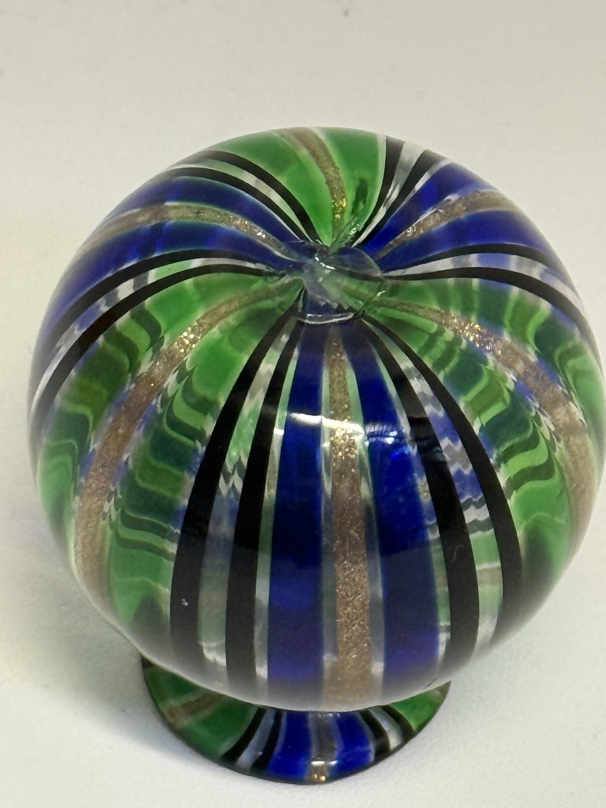 Murano Small Glass Bud Vase Blue Green Gold Foil Stripes 2.25” Tall Handblown