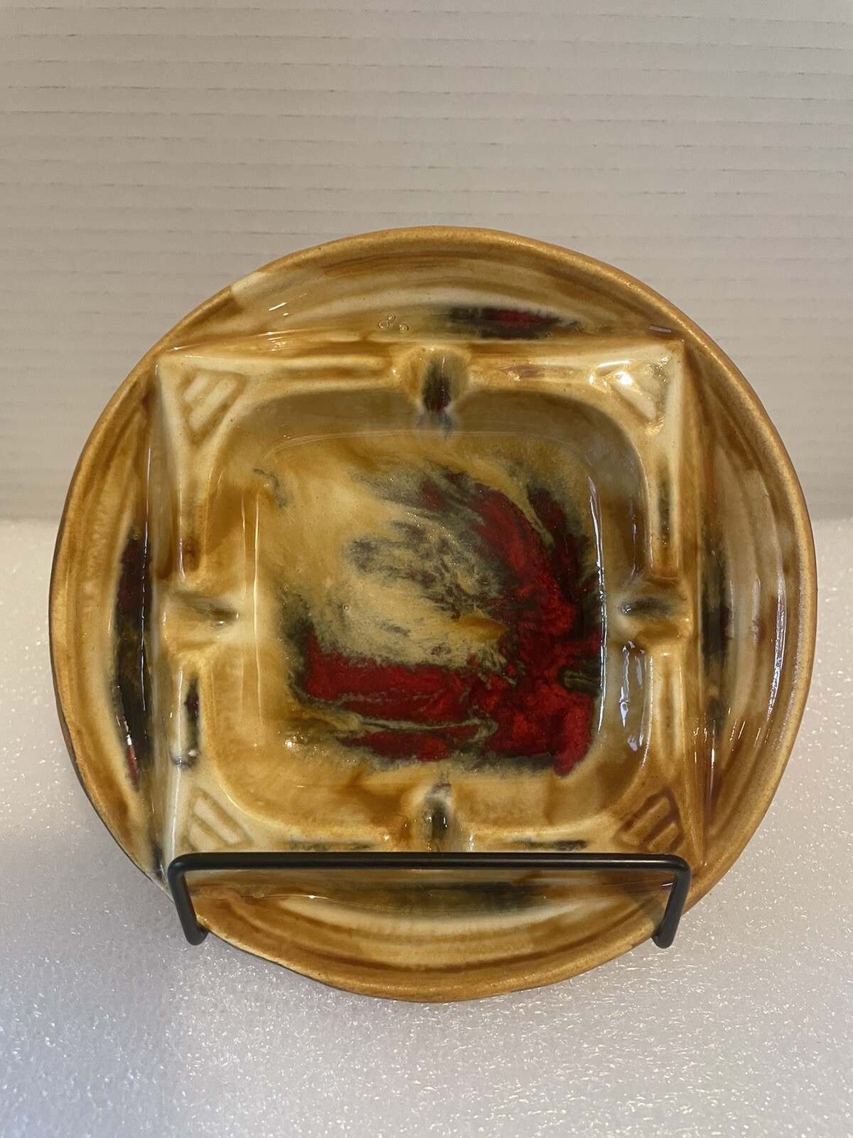 Maurice Of California Signed Pottery Ashtray Gold Fire Red Brown MCM Vintage