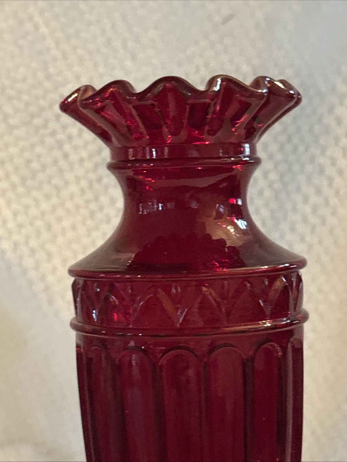 Fenton Art Glass Cranberry Fluted Ruffled Vase Mid Century Column Flute Arch