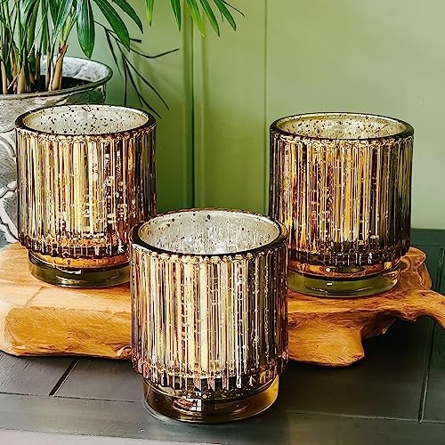 Votive Candle Holders – Vintage Ribbed Glass Candle Holder Set One Size Gold
