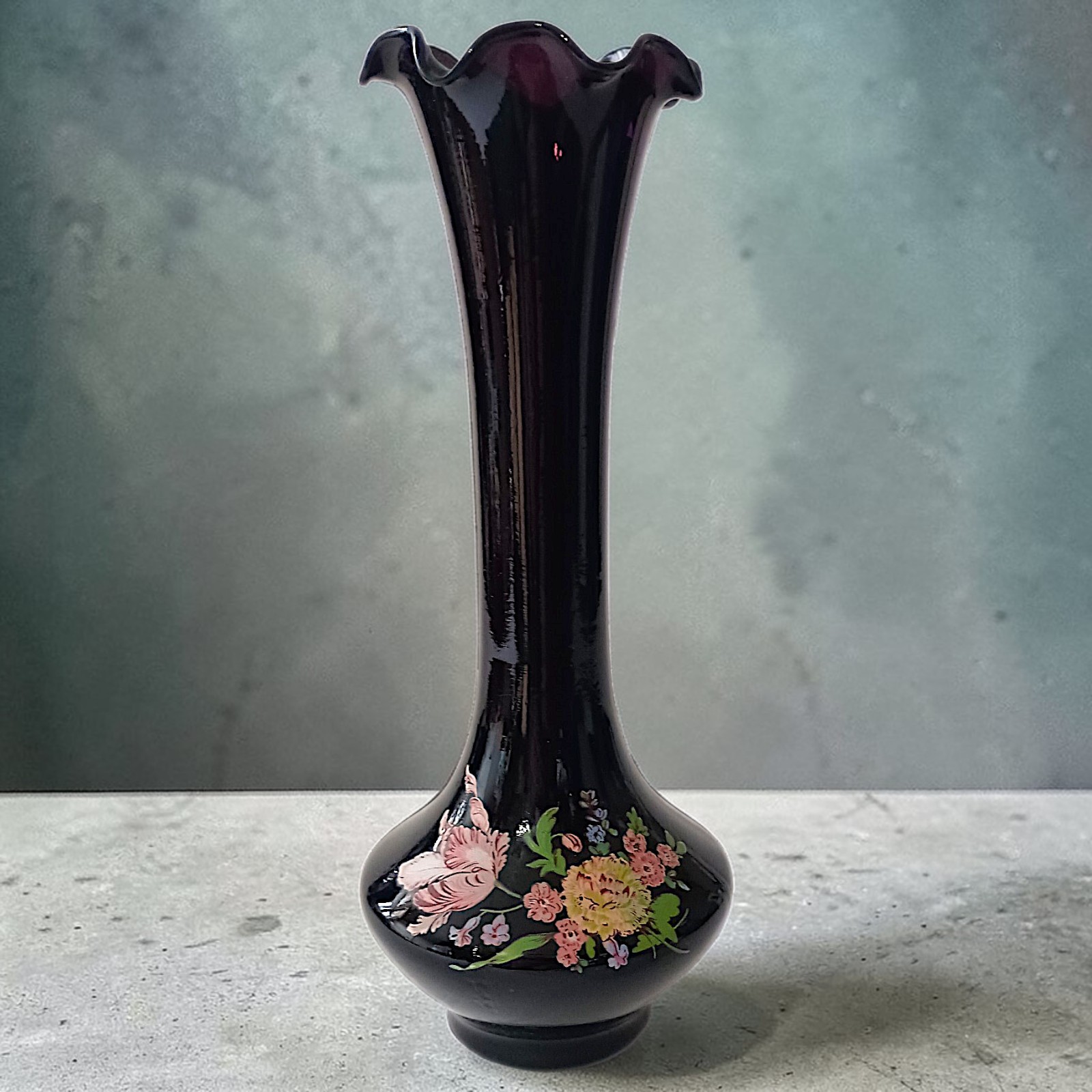 Vintage Floral Black Amethyst Floral Bud Vase Ruffled Fluted Top Edge Victorian