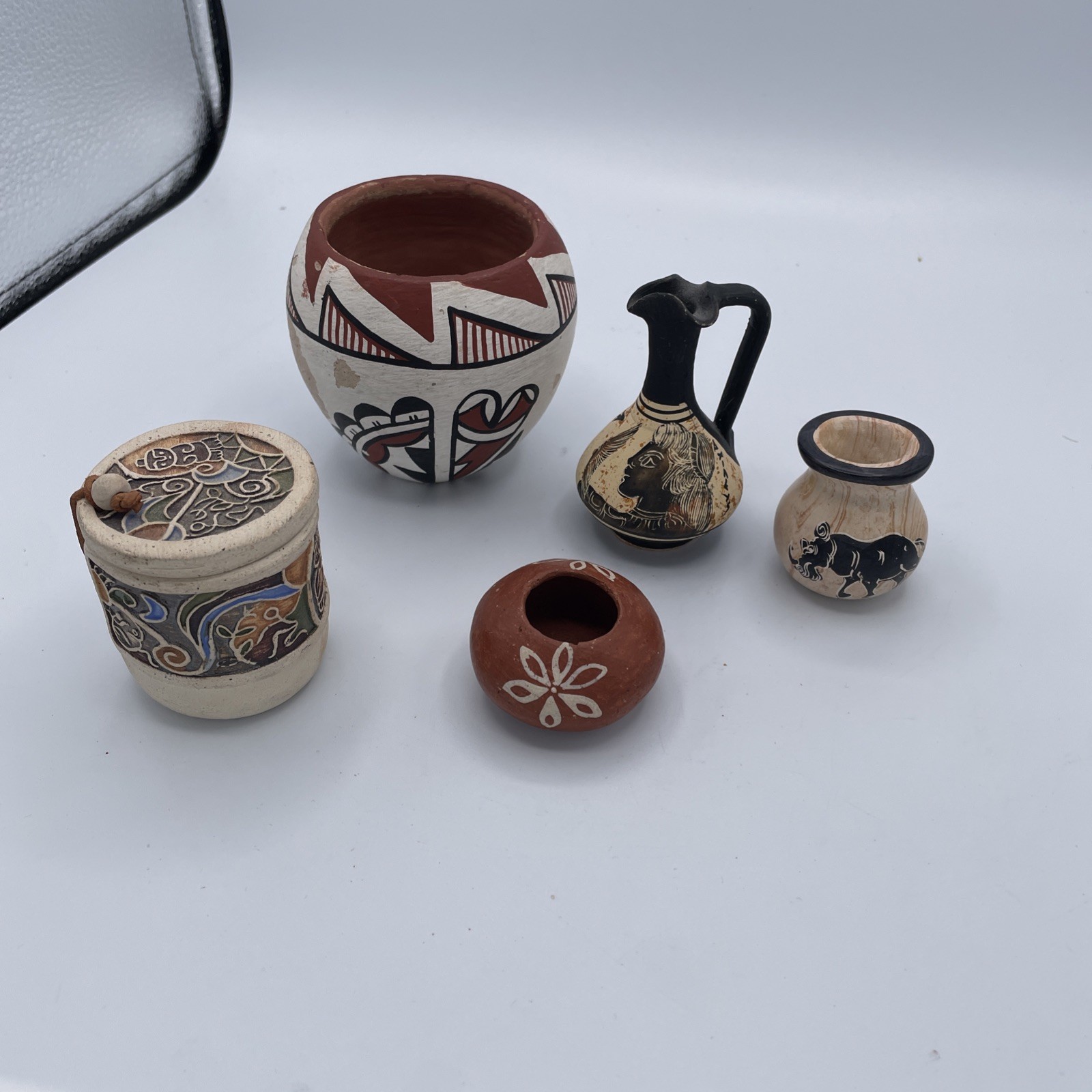 Lot Five some Signed southwestern Pottery Miniatures Jimenez, Bell decorative