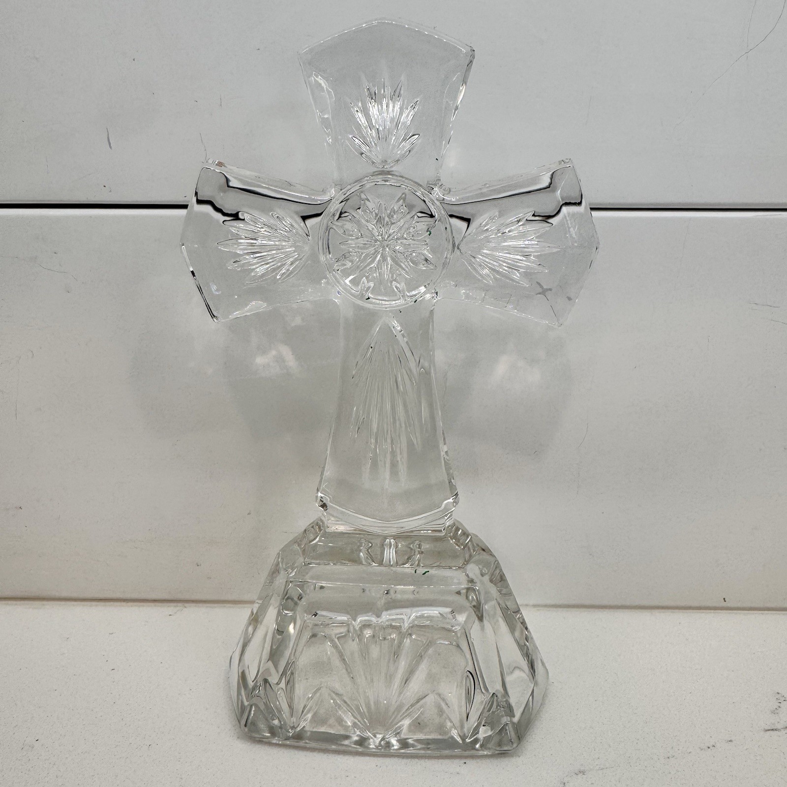 Crystal Cross Figurine 6.5″ Religious Decor Clear Cut Glass Standing Desktop